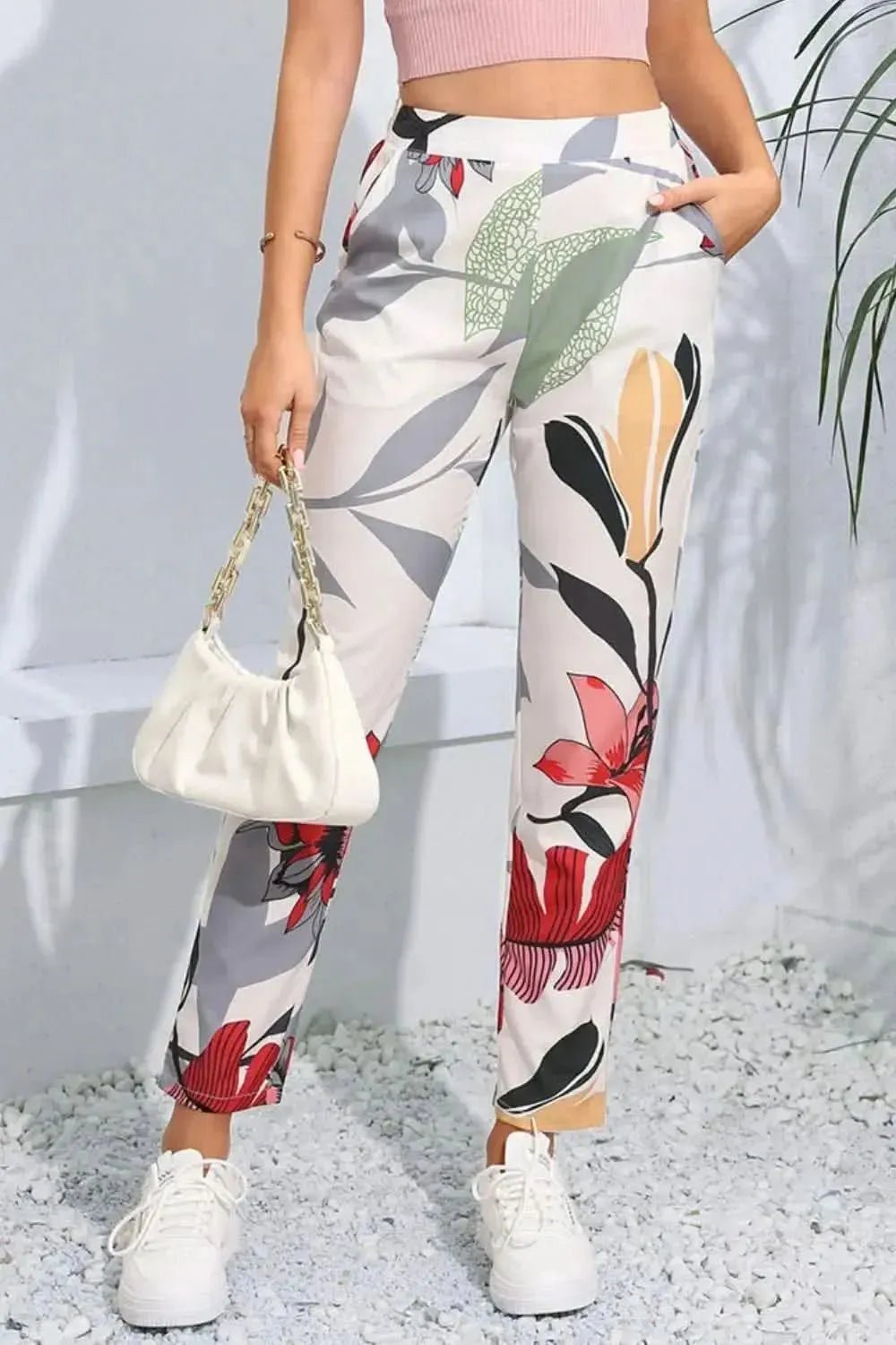 Floral Print Cropped Pants with Pockets - Bad Moms Club