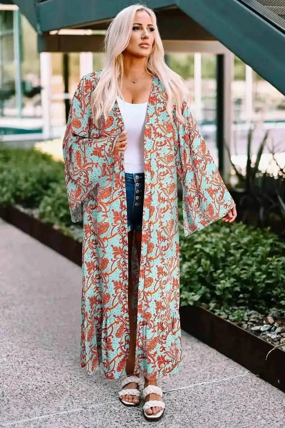 Printed Open Front Duster Cardigan - Bad Moms Club
