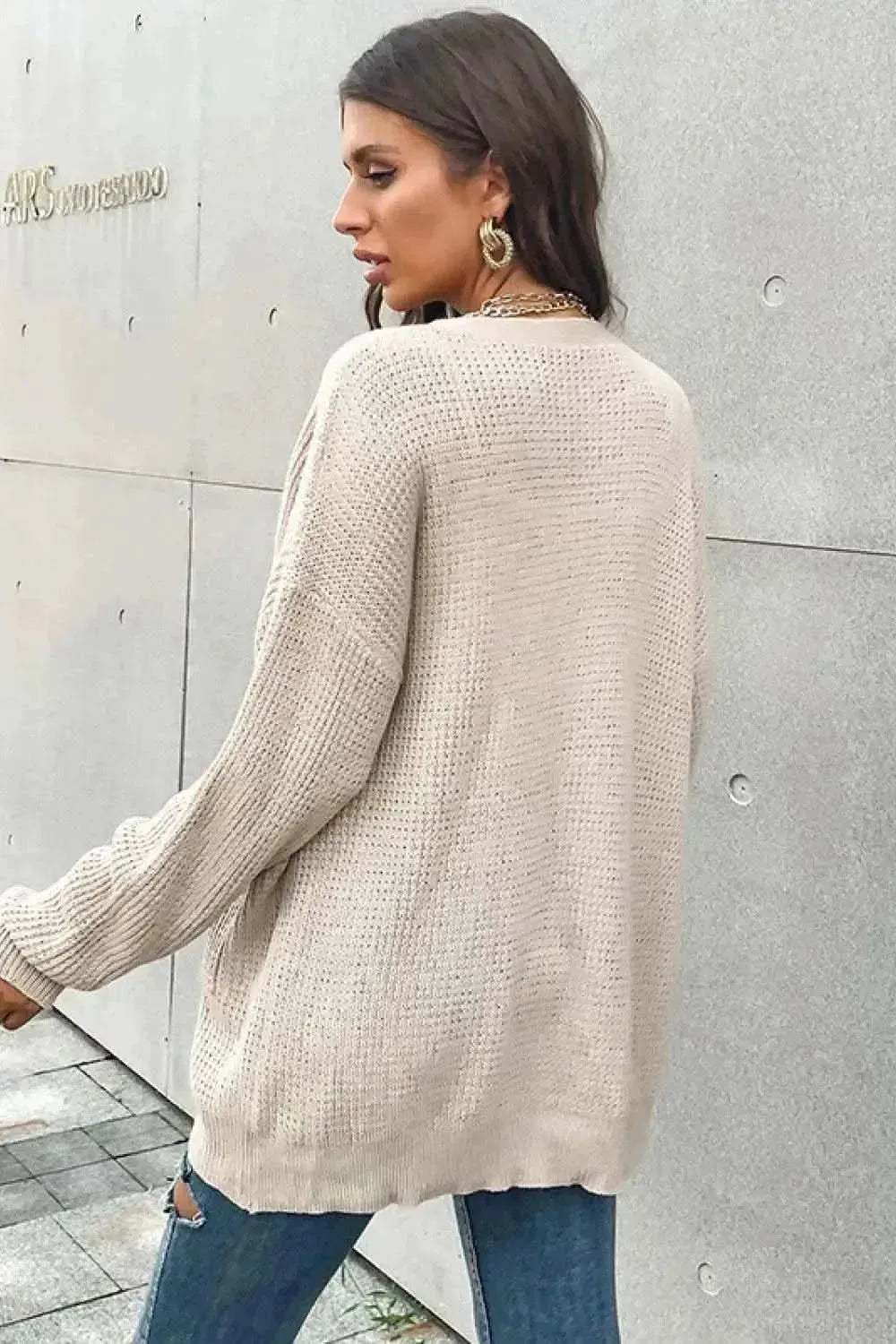 Button Front Drop Shoulder Waffle Cardigan - Bad Moms Club