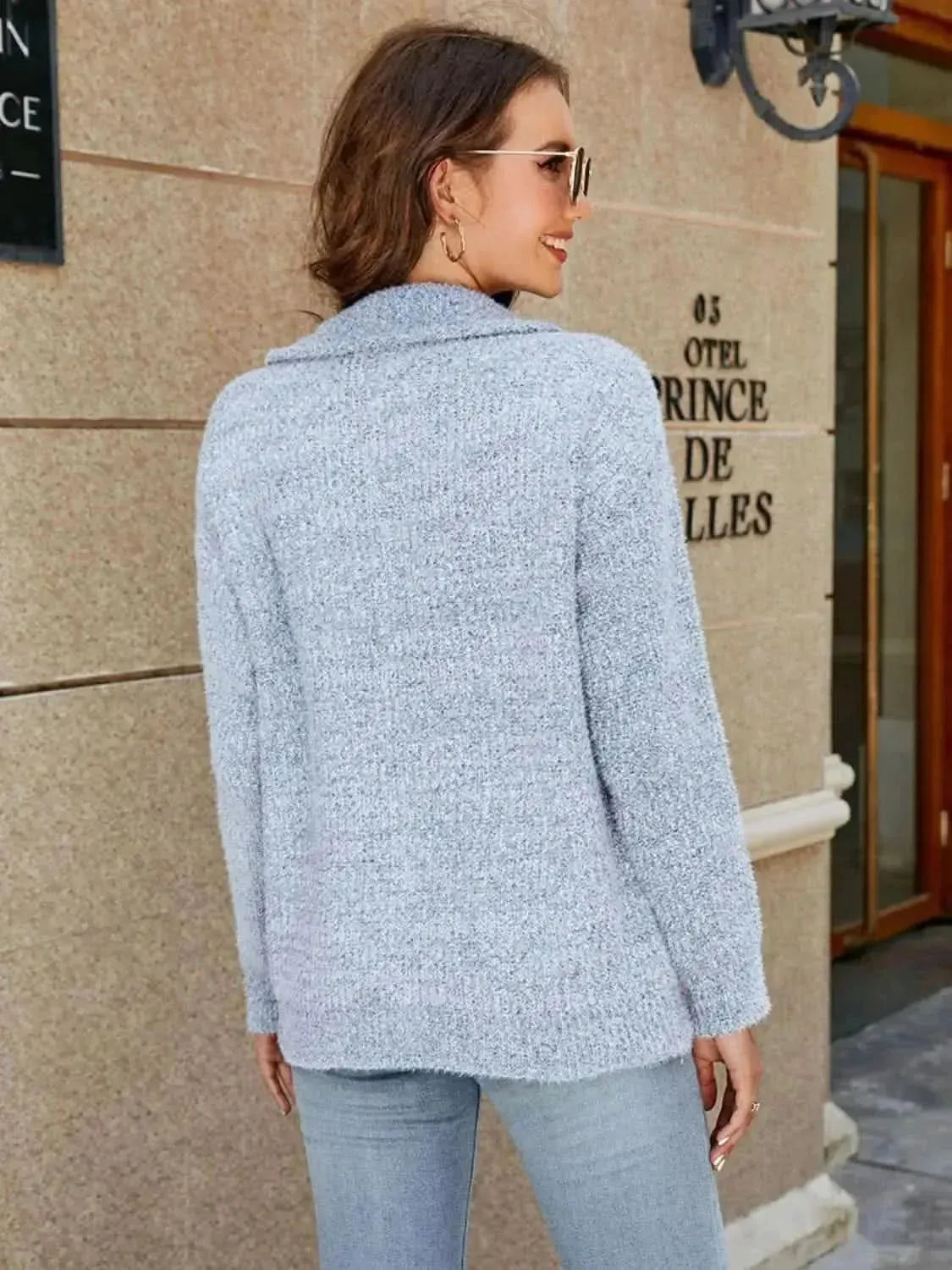 Zip-Up Collared Cardigan with Pockets - Bad Moms Club