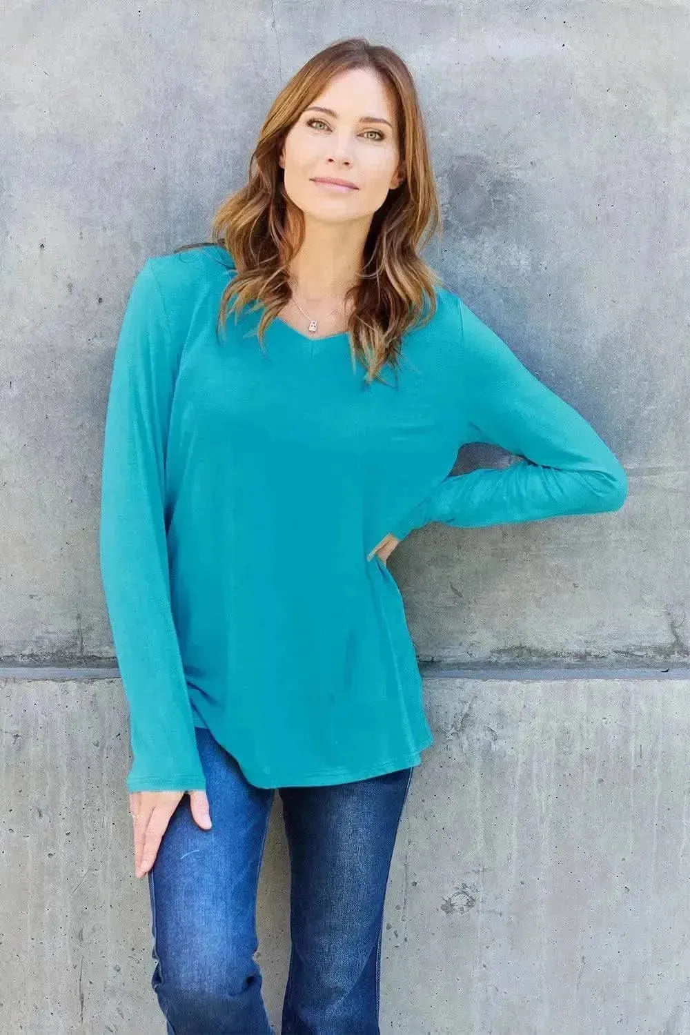 Basic Bae Full Size V-Neck Long Sleeve Top - Bad Moms Club