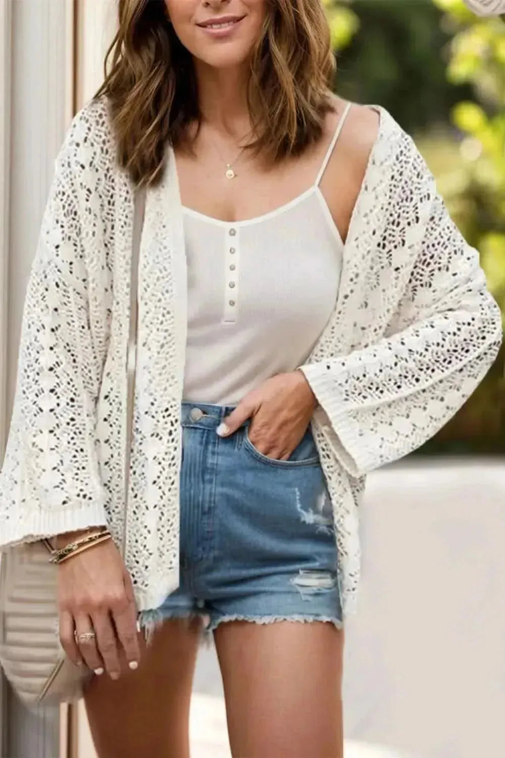 Openwork Open Front Dropped Shoulder Cardigan - Bad Moms Club