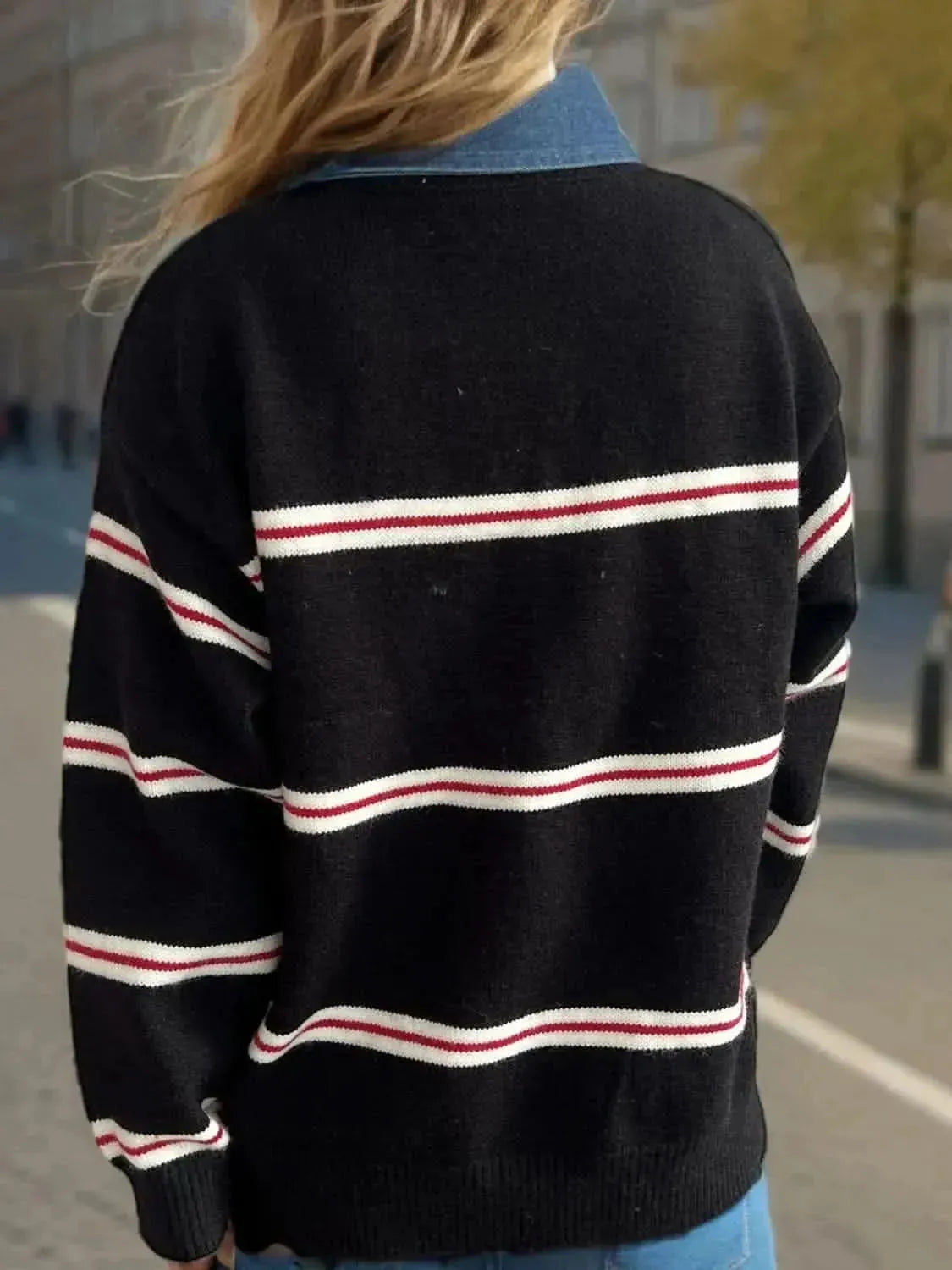 Contrast Stripes Round Neck Long Sleeve Sweater - Bad Moms Club