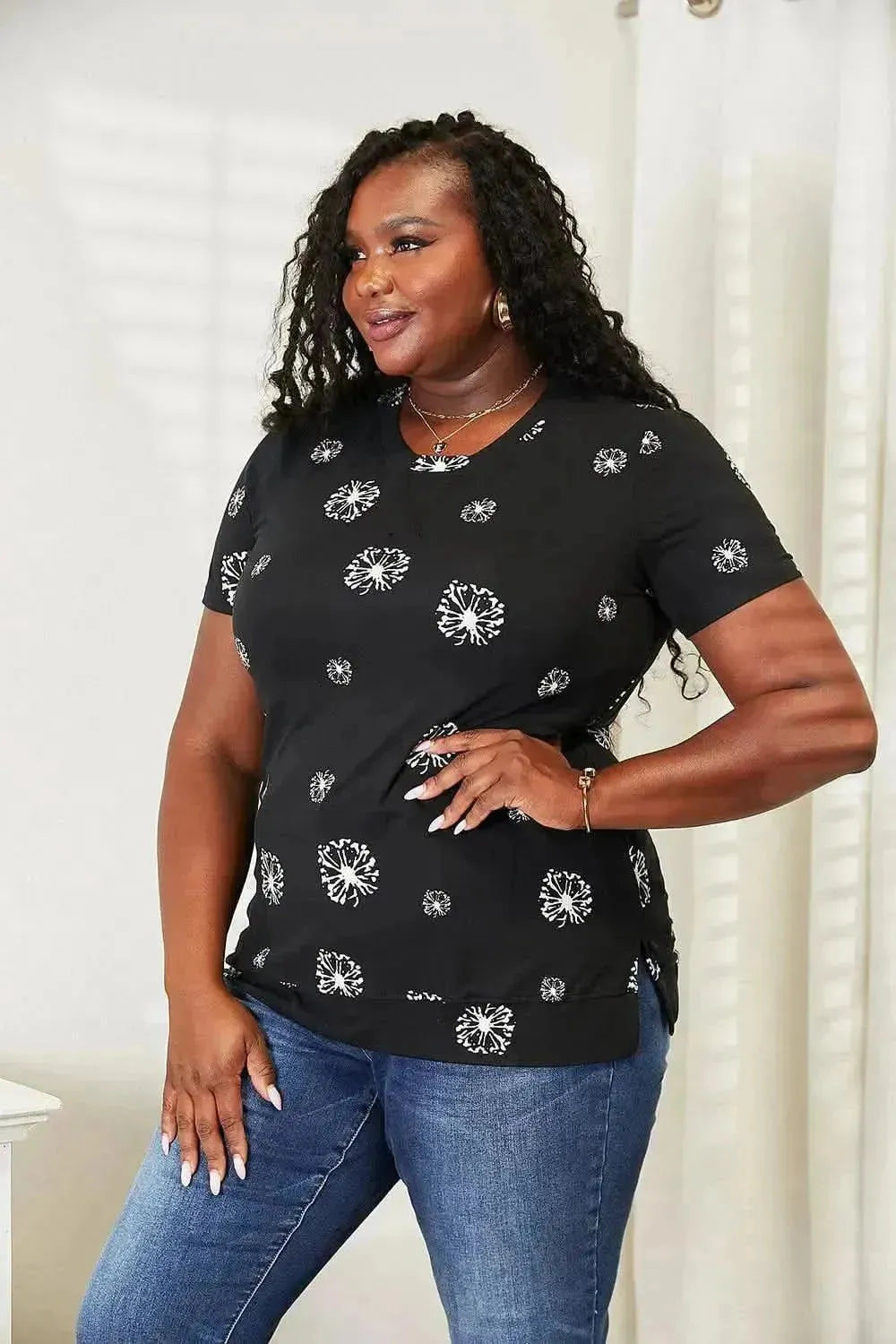 Double Take Dandelion Print Round Neck T-Shirt - Bad Moms Club