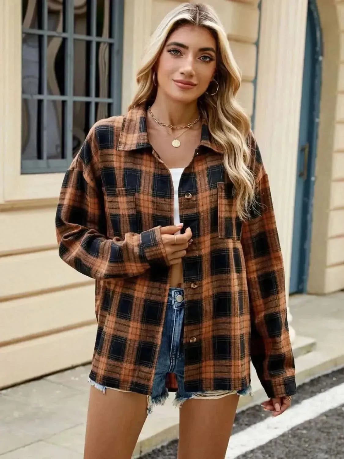 Plaid Collared Neck Long Sleeve Shirt - Bad Moms Club