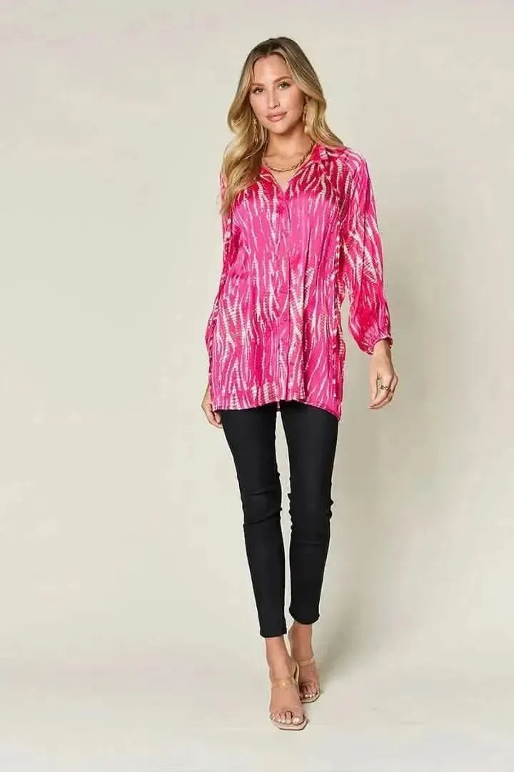 Double Take Full Size Printed Button Up Long Sleeve Shirt - Bad Moms Club