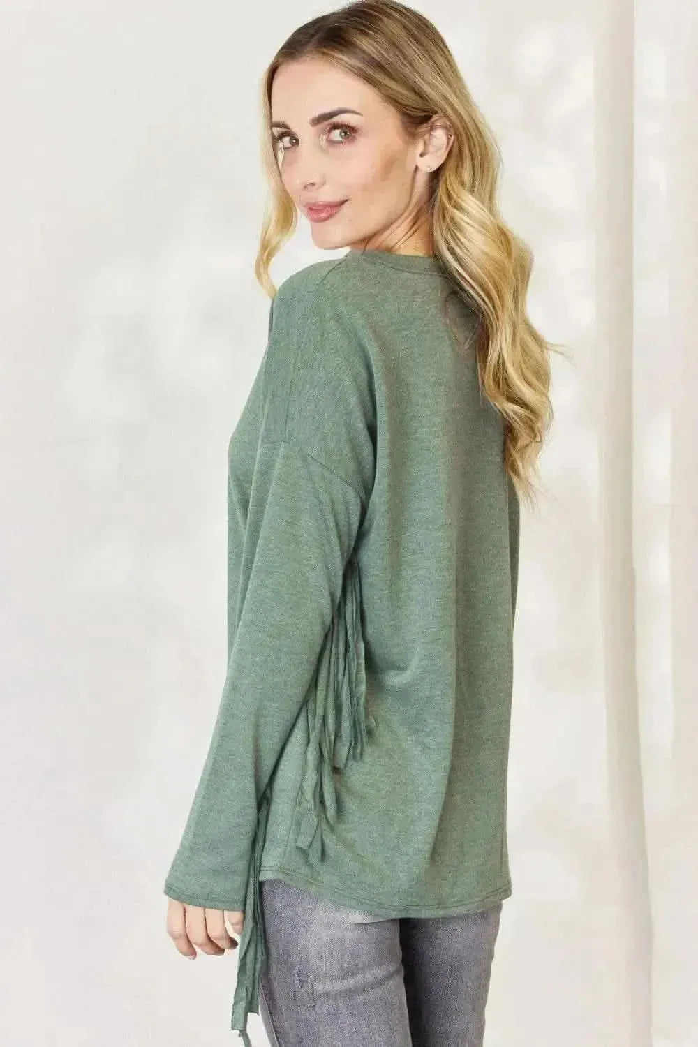 Celeste Full Size Fringe Detail Long Sleeve Top - Bad Moms Club