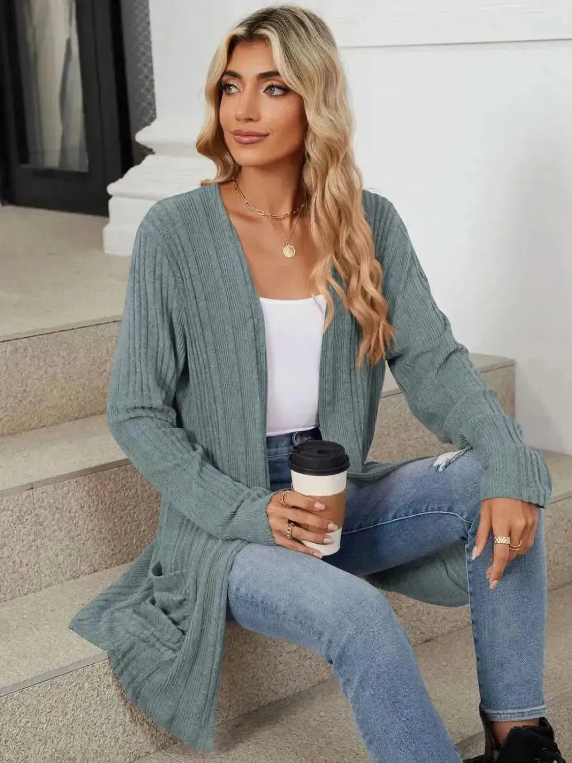 Pocketed Open Front Long Sleeve Cardigan - Bad Moms Club
