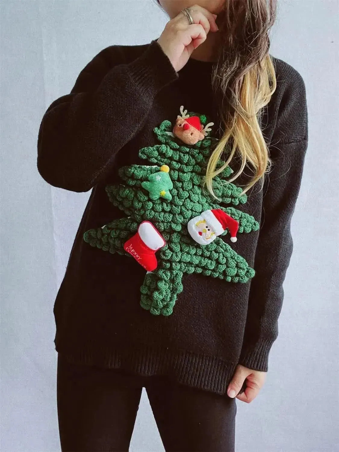 Christmas Tree Round Neck Long Sleeve Sweater - Bad Moms Club