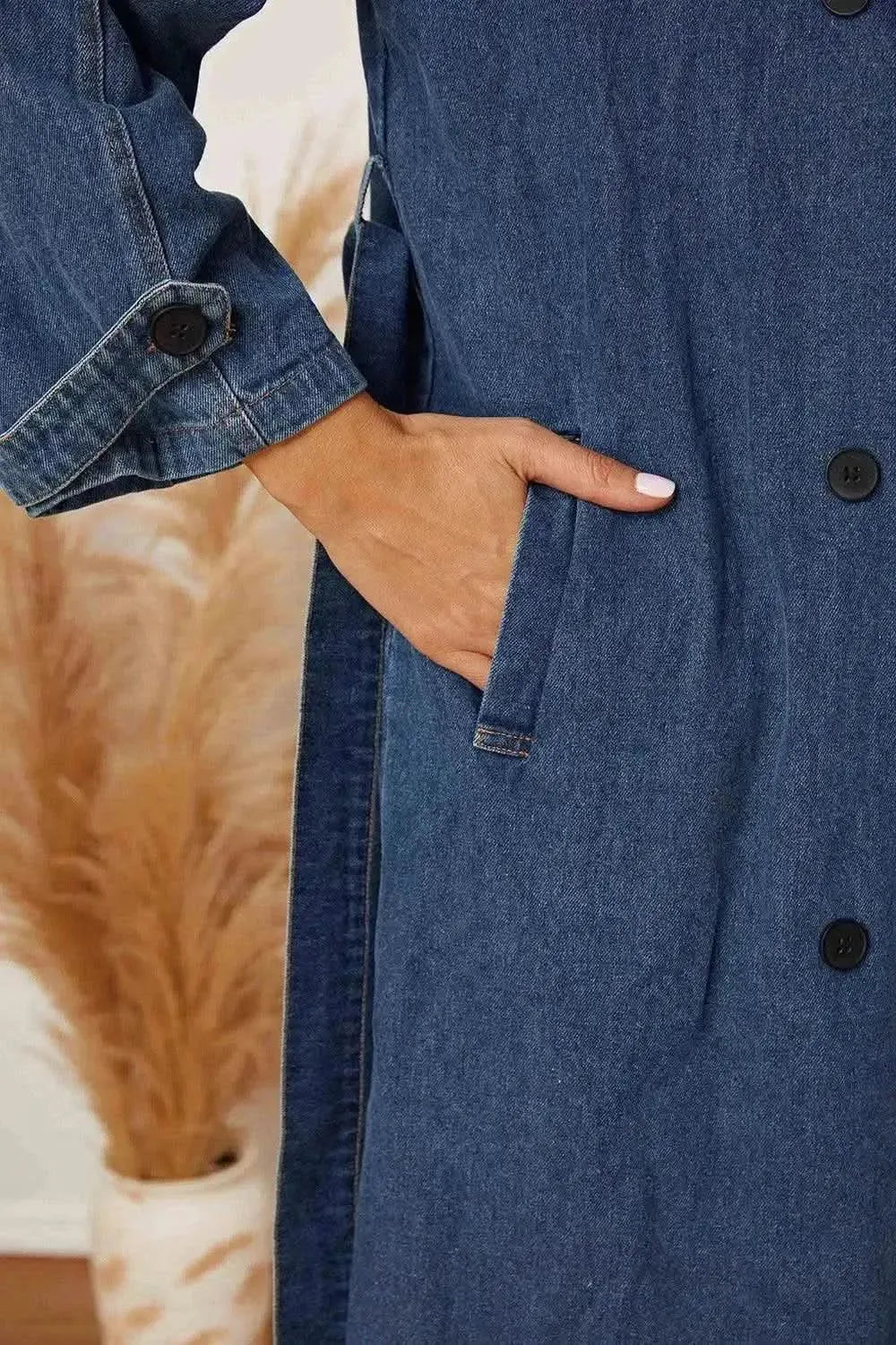 MeiMei Double-Breasted Belted Longline Denim Jacket - Bad Moms Club