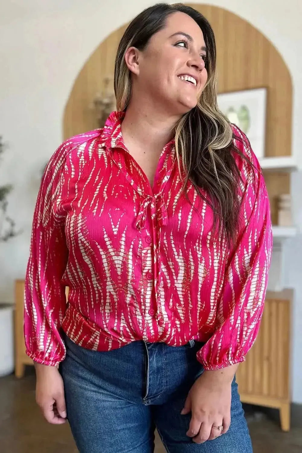 Double Take Full Size Printed Button Up Long Sleeve Shirt - Bad Moms Club