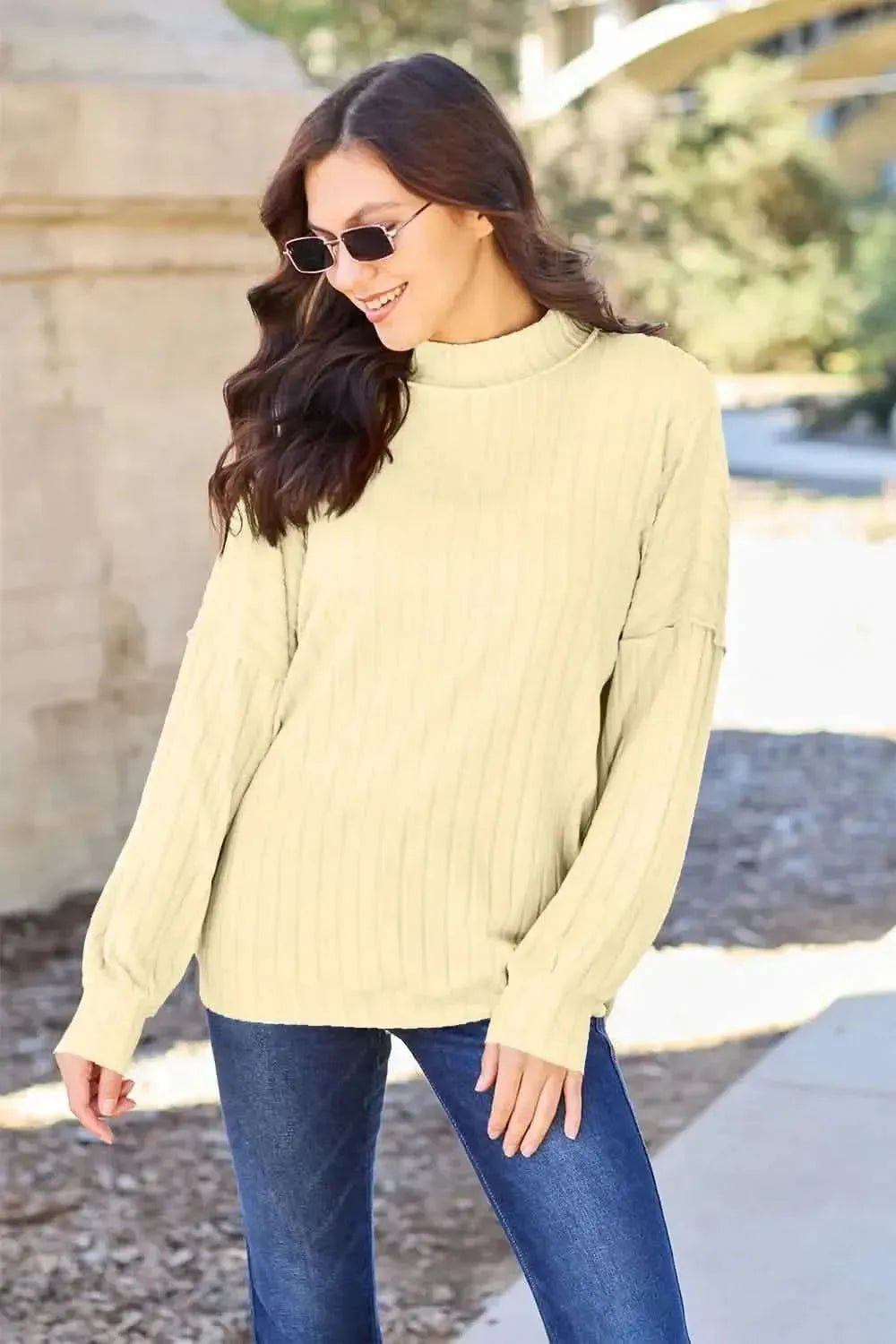 Basic Bae Full Size Ribbed Exposed Seam Mock Neck Knit Top - Bad Moms Club