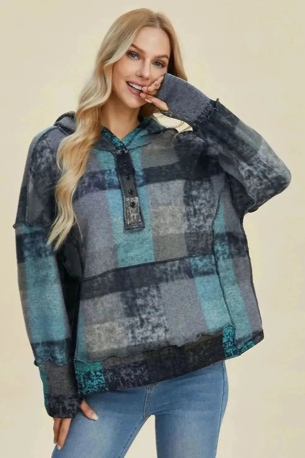 Double Take Full Size Plaid Dropped Shoulder Fleece Hoodie - Bad Moms Club