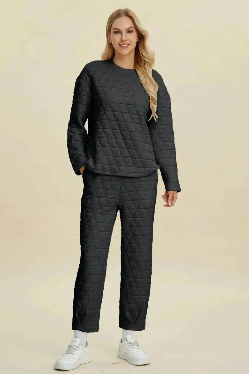 Double Take Full Size Texture Round Neck Long Sleeve Top and Pants Set - Bad Moms Club