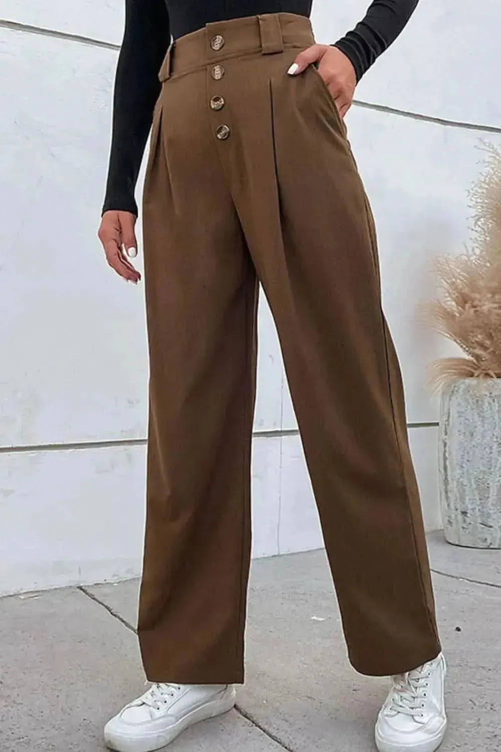 Perfee Button-Fly Pleated Waist Wide Leg Pants with Pockets - Bad Moms Club