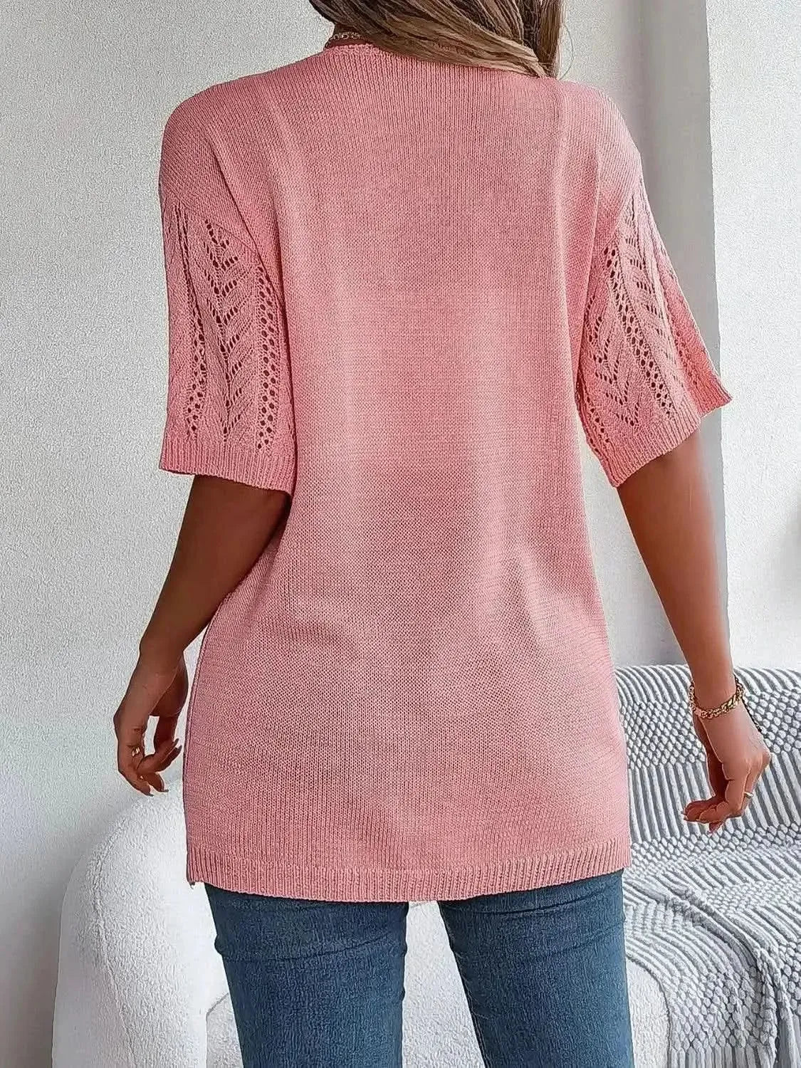 Openwork Open Front Half Sleeve Cardigan - Bad Moms Club
