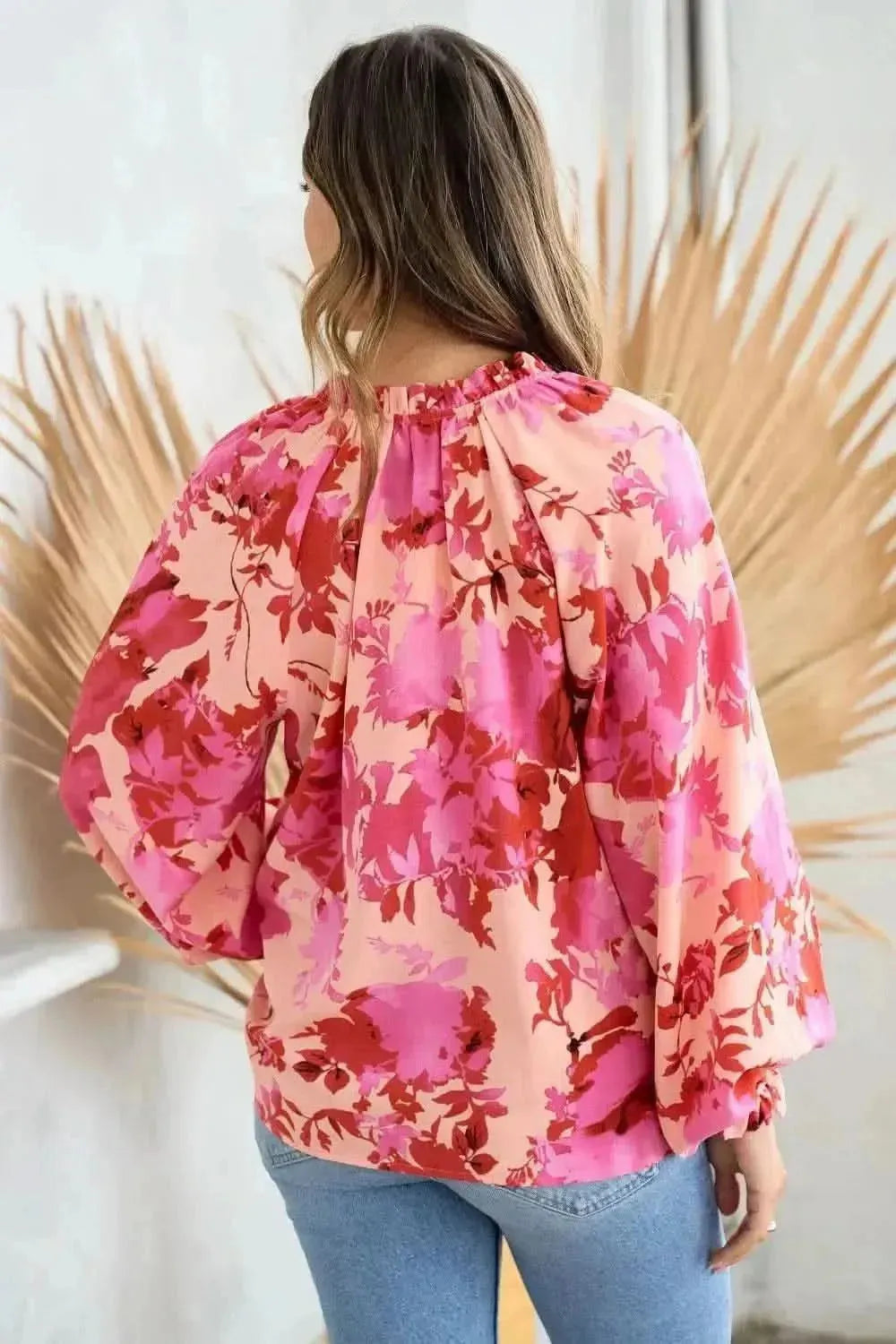 Hailey & Co Ruffle V-Neck Decor Button Floral Blouse - Bad Moms Club