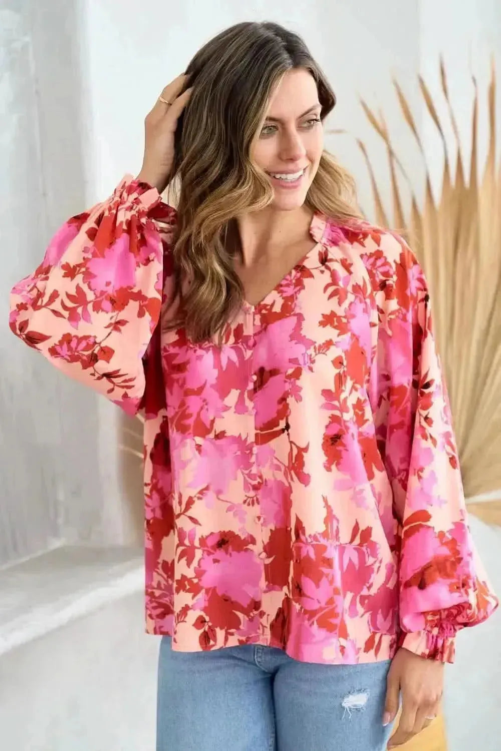 Hailey & Co Ruffle V-Neck Decor Button Floral Blouse - Bad Moms Club