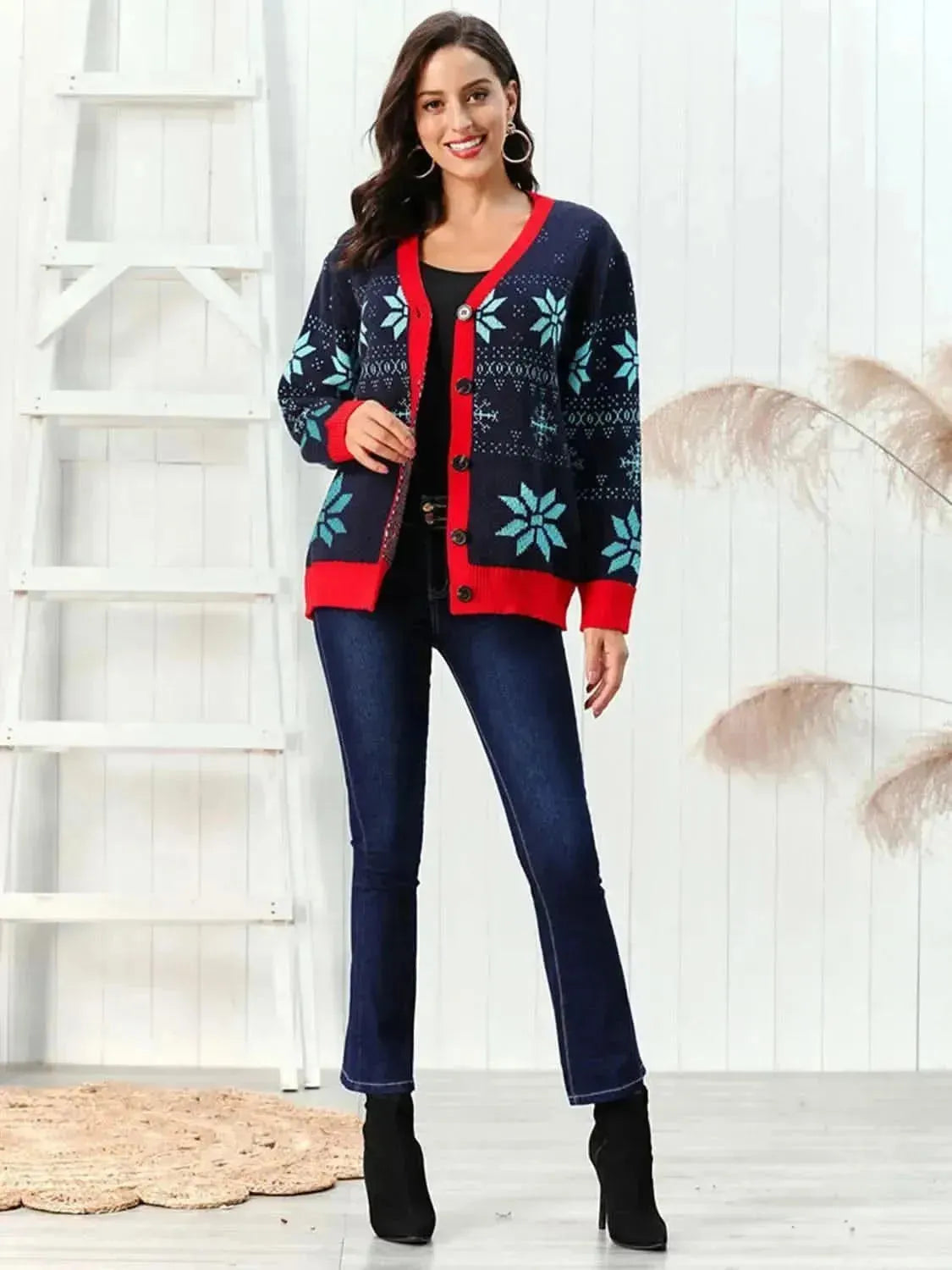 Snowflake Pattern Button Down Cardigan - Bad Moms Club