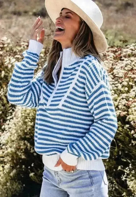 Striped Half Zip Mock Neck Long Sleeve Sweater - Bad Moms Club
