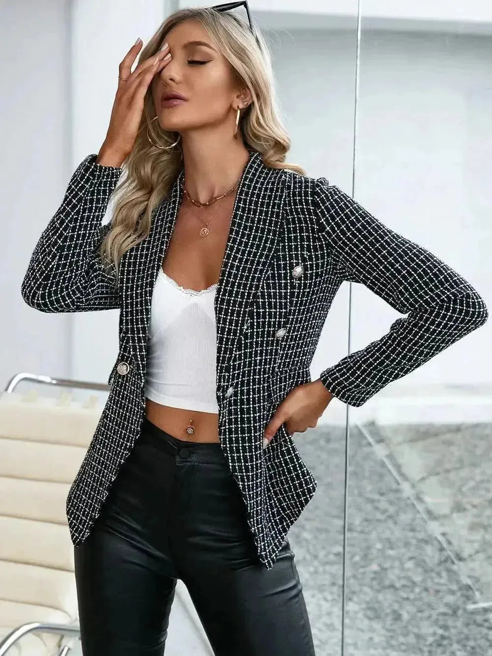 Plaid Double Breasted Long Sleeve Jacket - Bad Moms Club