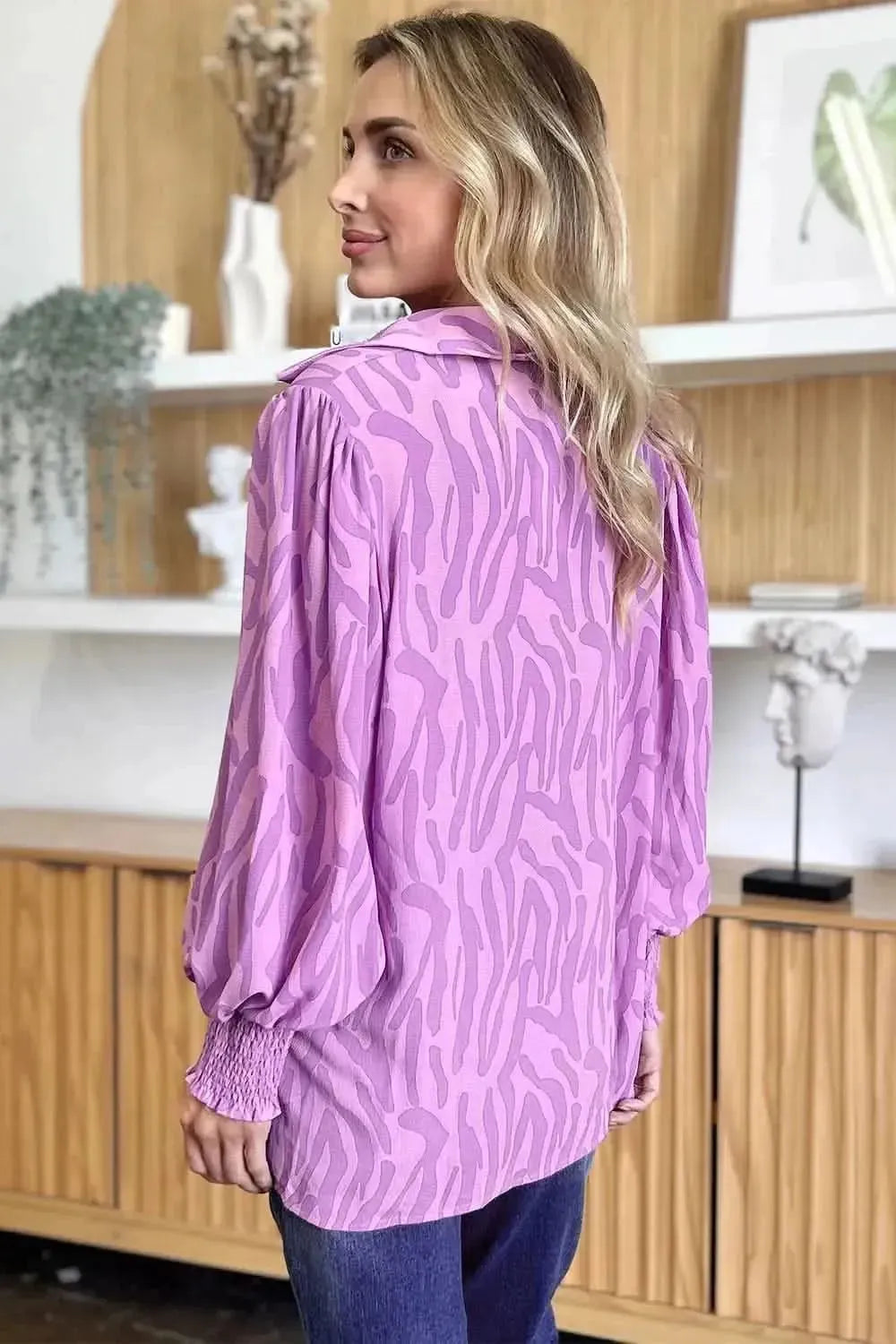 Double Take Full Size Printed Smocked Long Sleeve Blouse - Bad Moms Club