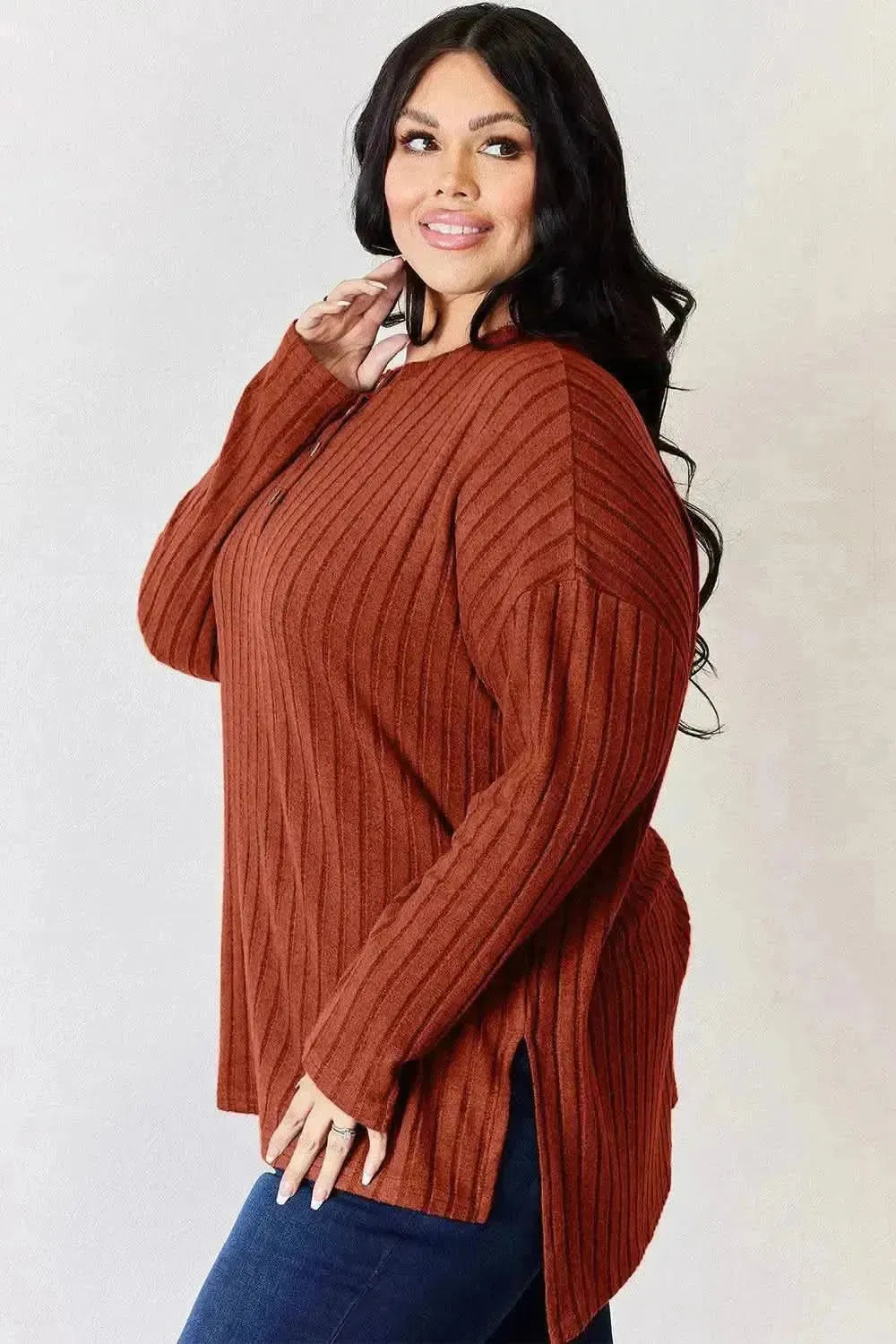 Basic Bae Full Size Ribbed Half Button Long Sleeve High-Low T-Shirt - Bad Moms Club