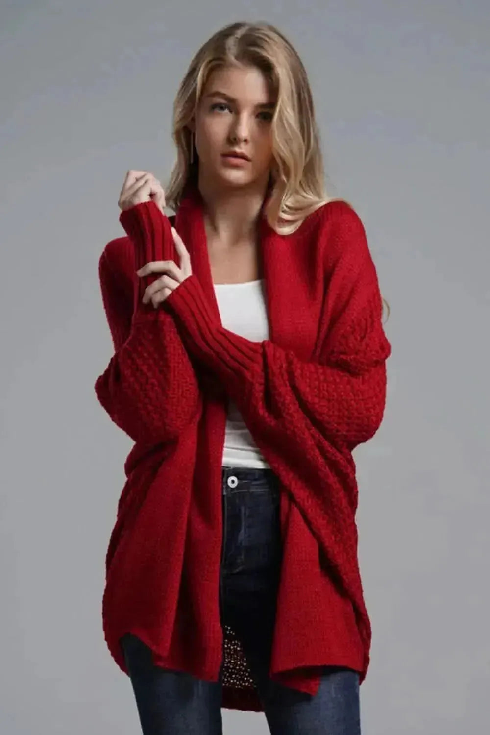 Dolman Sleeve Open Front Ribbed Trim Longline Cardigan - Bad Moms Club