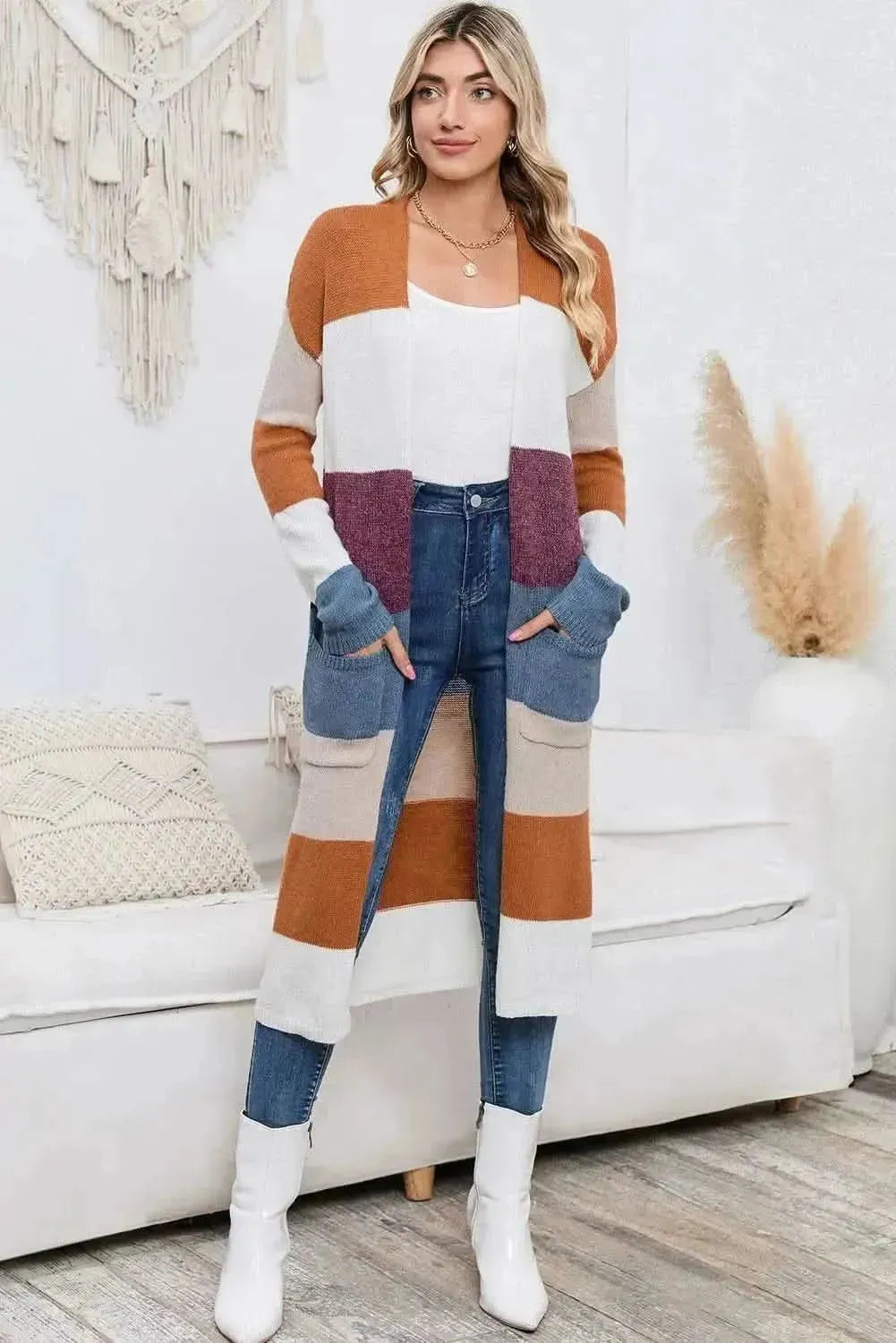 Long Color Block Open Front Pocketed Cardigan - Bad Moms Club