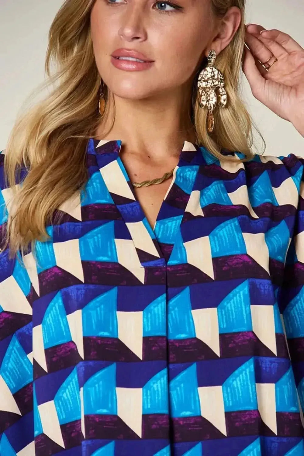 Double Take Full Size Geometric Notched Half Sleeve Blouse - Bad Moms Club