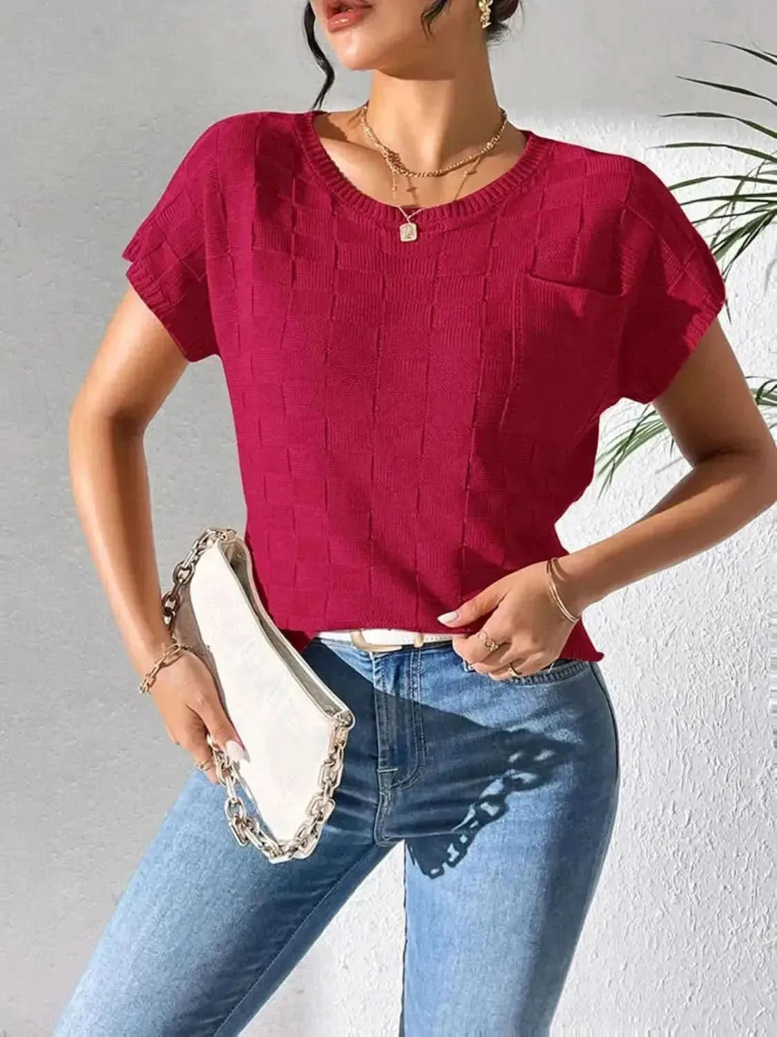 Round Neck Short Sleeve Knit Top - Bad Moms Club