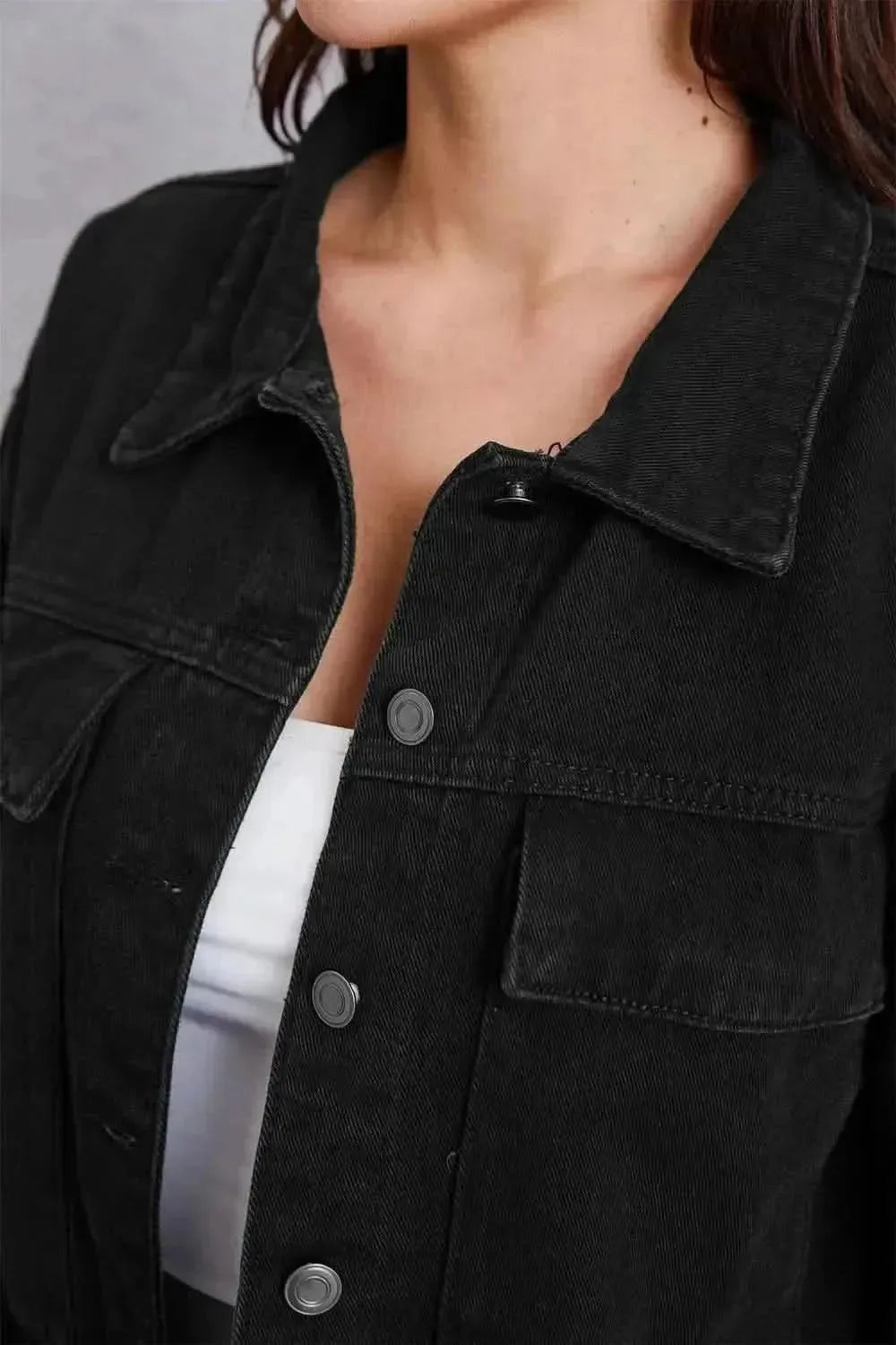 Button Up Dropped Shoulder Denim Jacket - Bad Moms Club