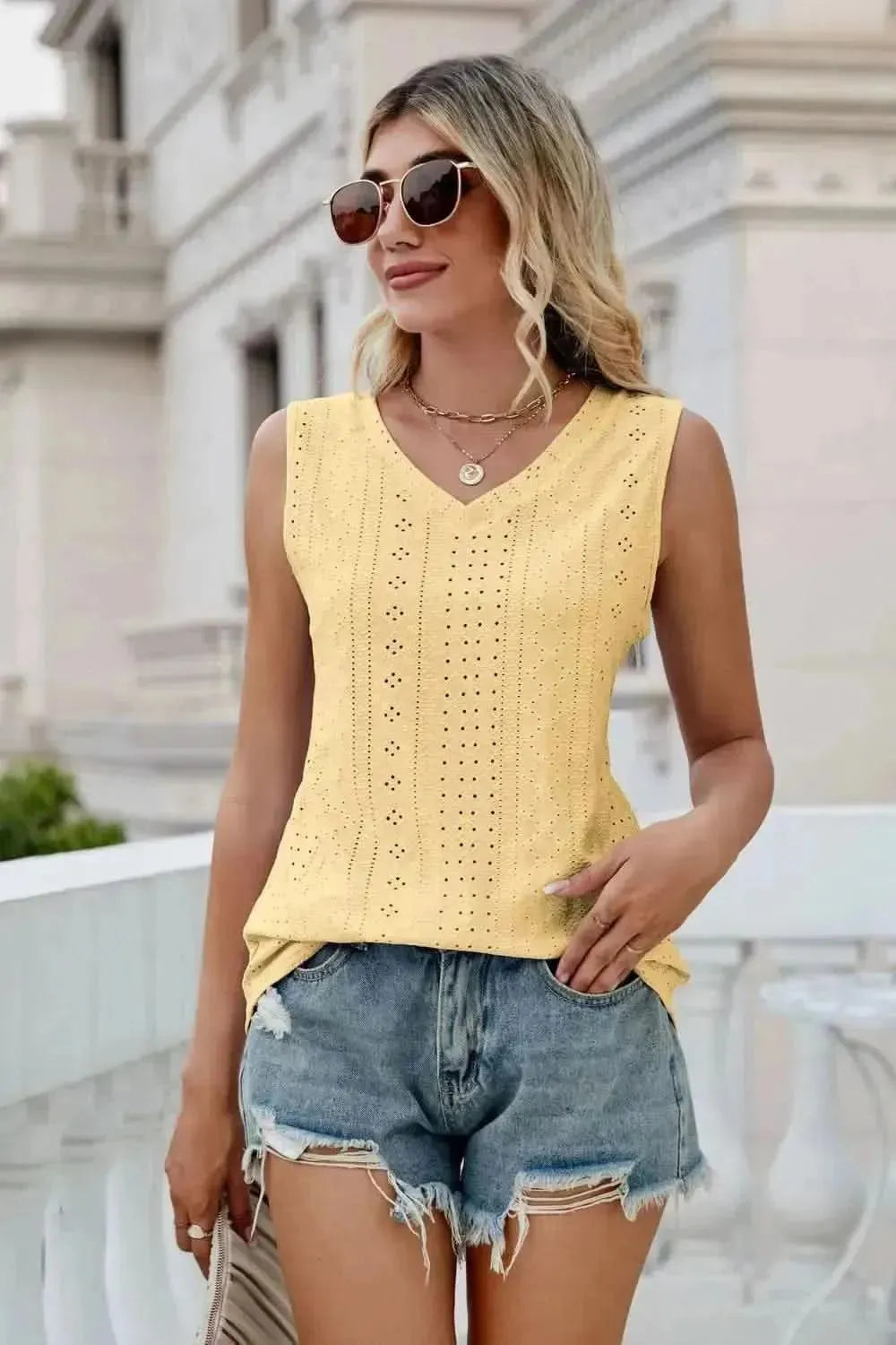 Eyelet V-Neck Tank - Bad Moms Club