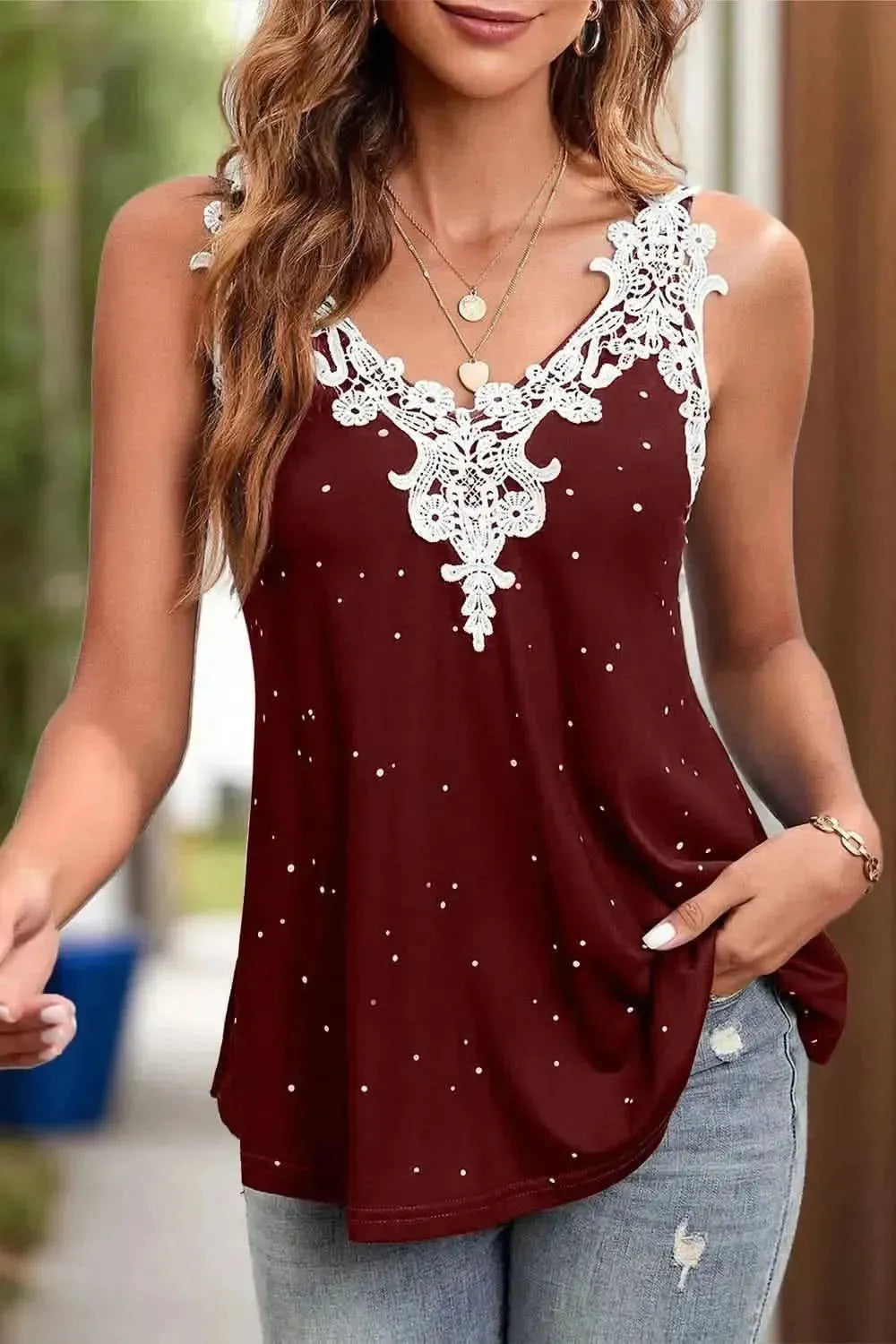 Lace Detail V-Neck Wide Strap Cami - Bad Moms Club