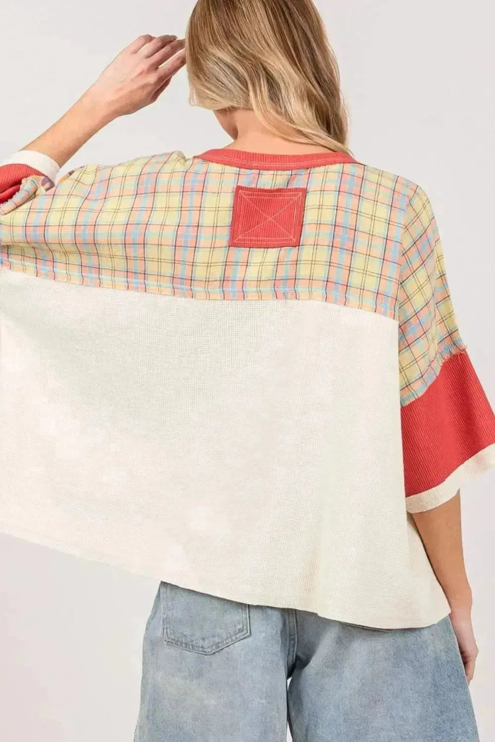 SAGE + FIG Round Neck Plaid Star Patch T-Shirt - Bad Moms Club