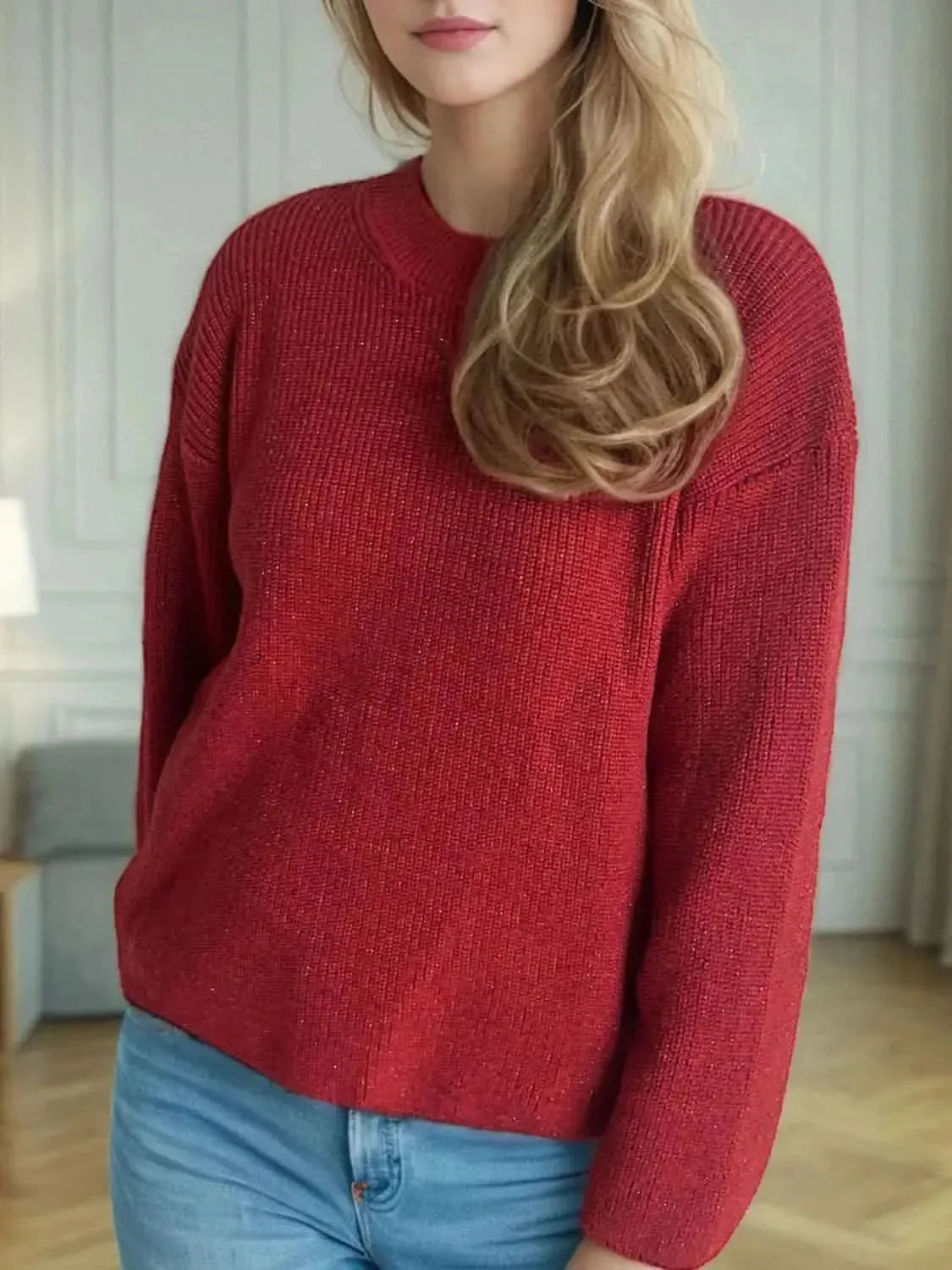 Solid Color Round Neck Long Sleeve Sweater - Bad Moms Club