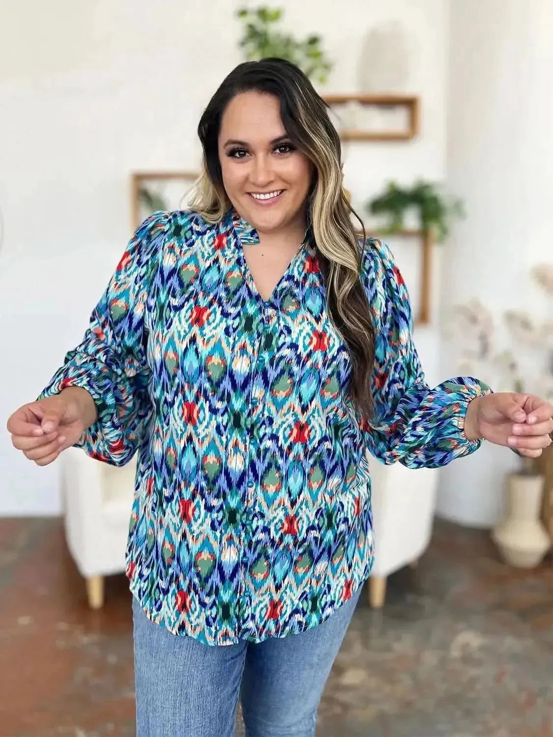 Double Take Full Size Printed Balloon Sleeve Blouse - Bad Moms Club