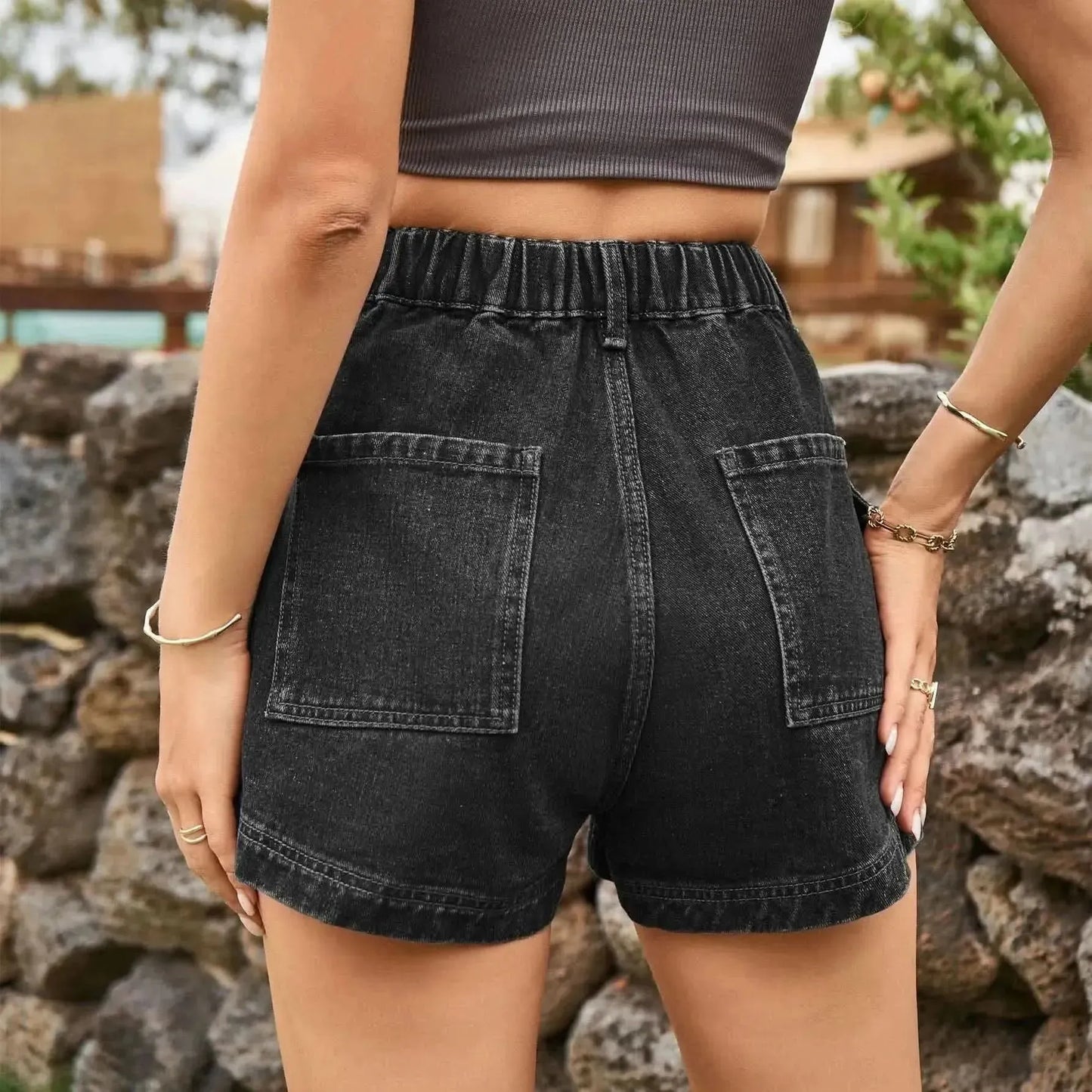 High-Waist Denim Shorts with Pockets - Bad Moms Club