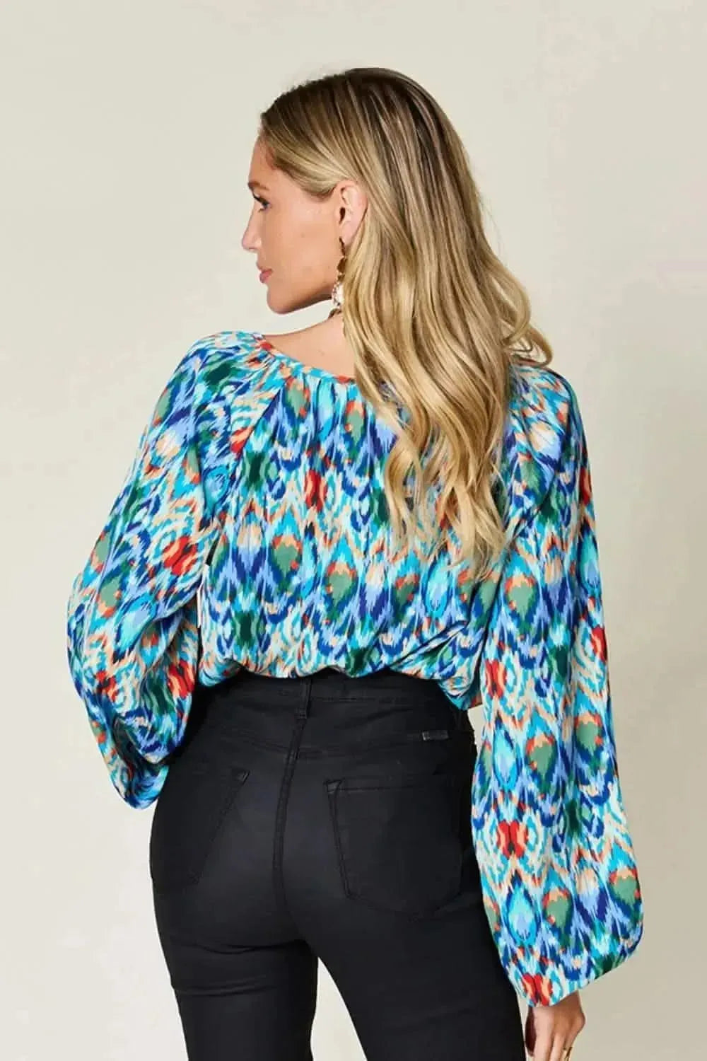 Double Take Full Size Printed Balloon Sleeve Blouse - Bad Moms Club