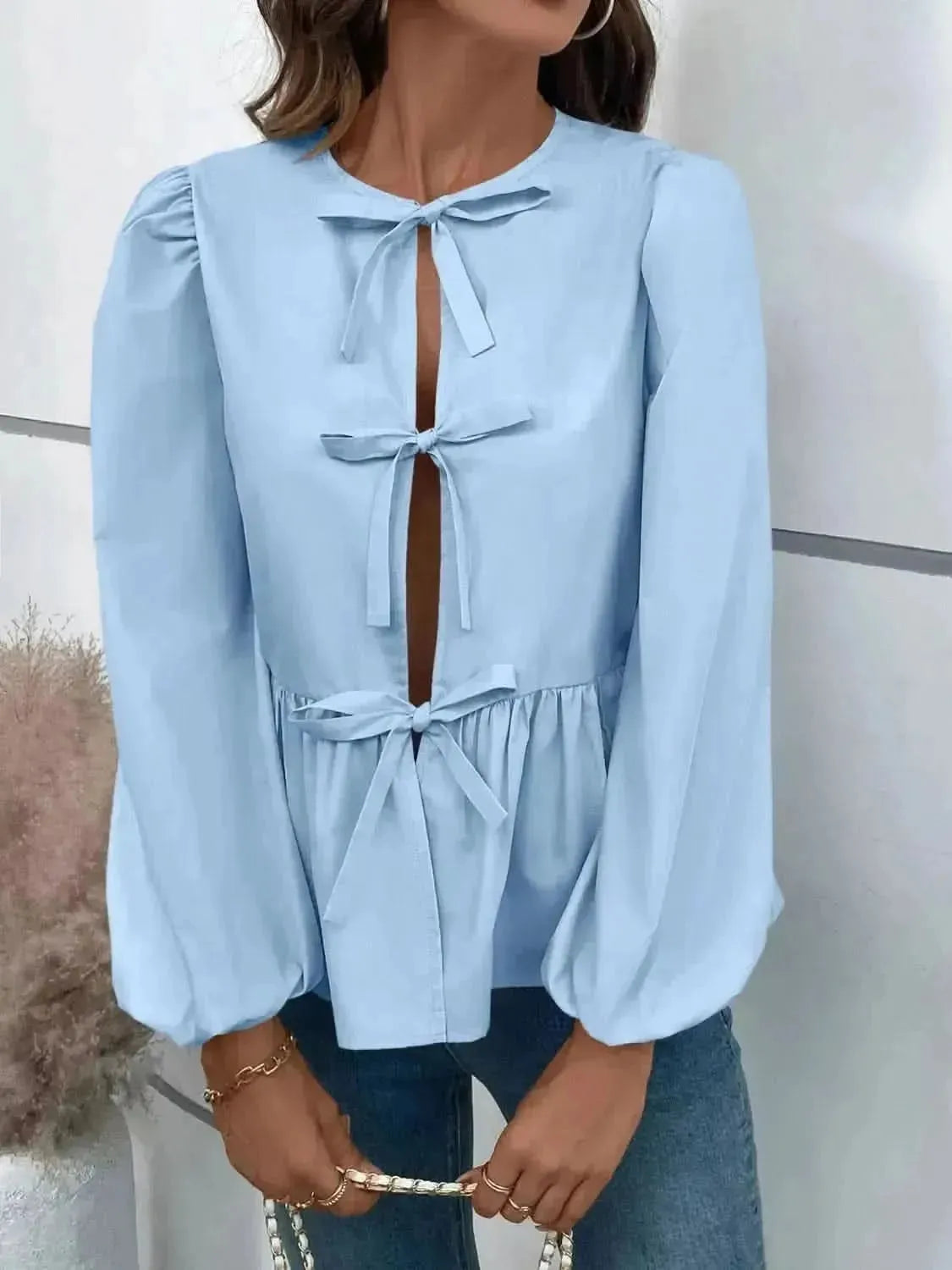 Ivy Lane Peplum Tied Long Sleeve Blouse - Bad Moms Club