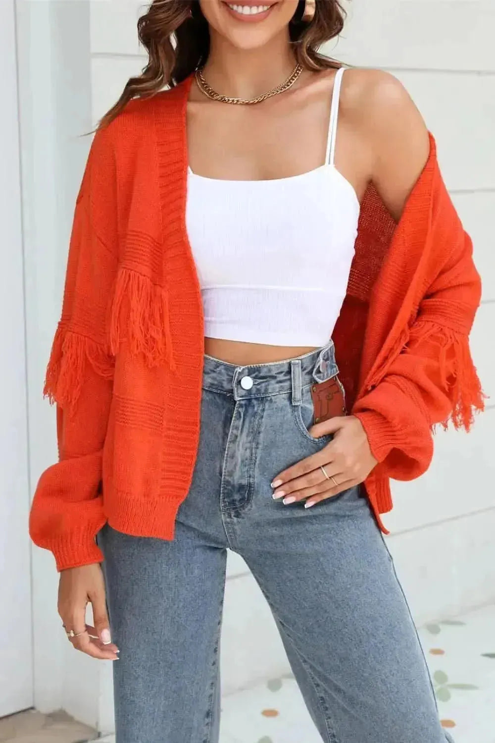 Fringe Trim Open Front Cardigan - Bad Moms Club