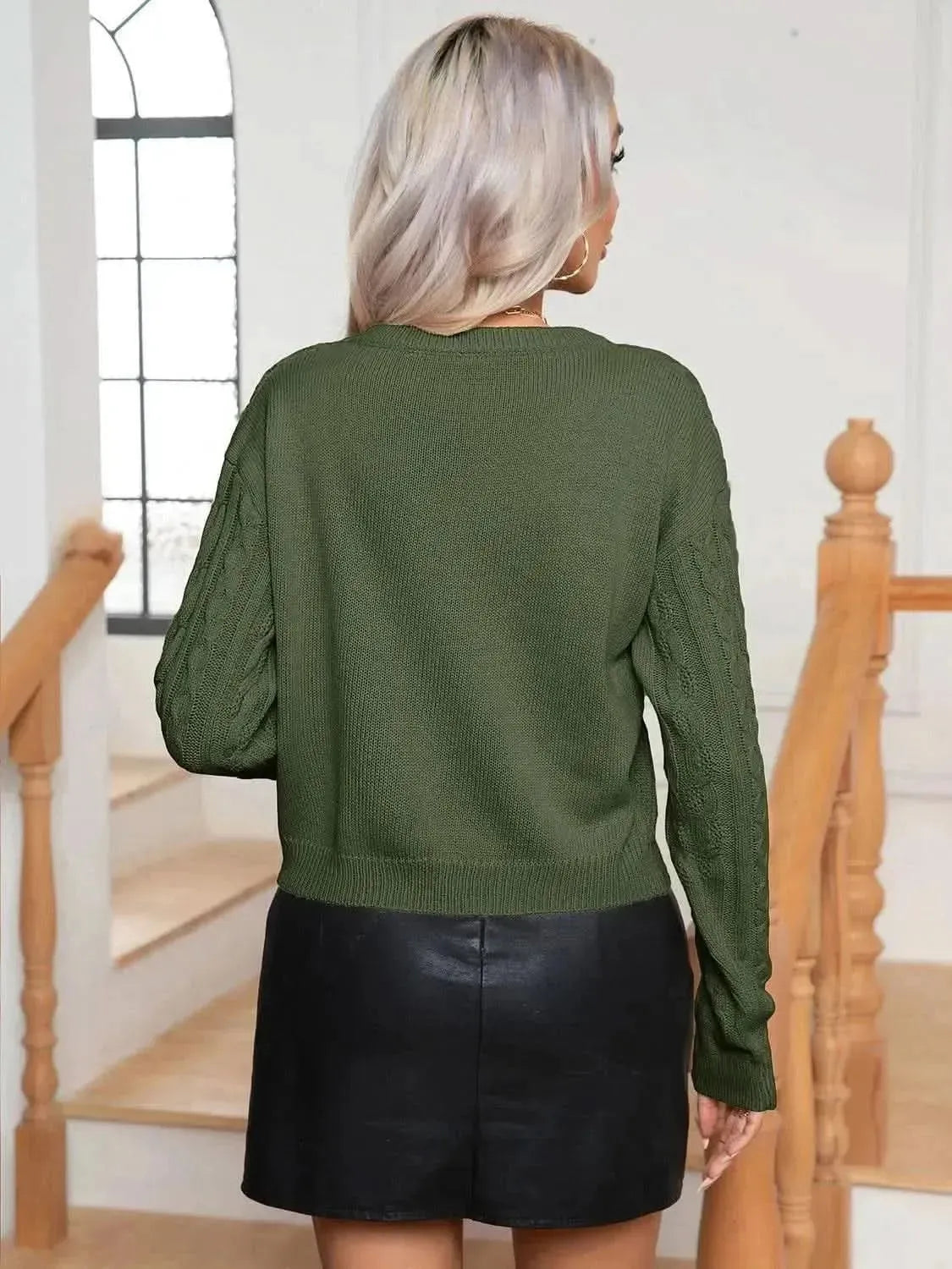 Cable-Knit Round Neck Long Sleeve Sweater - Bad Moms Club