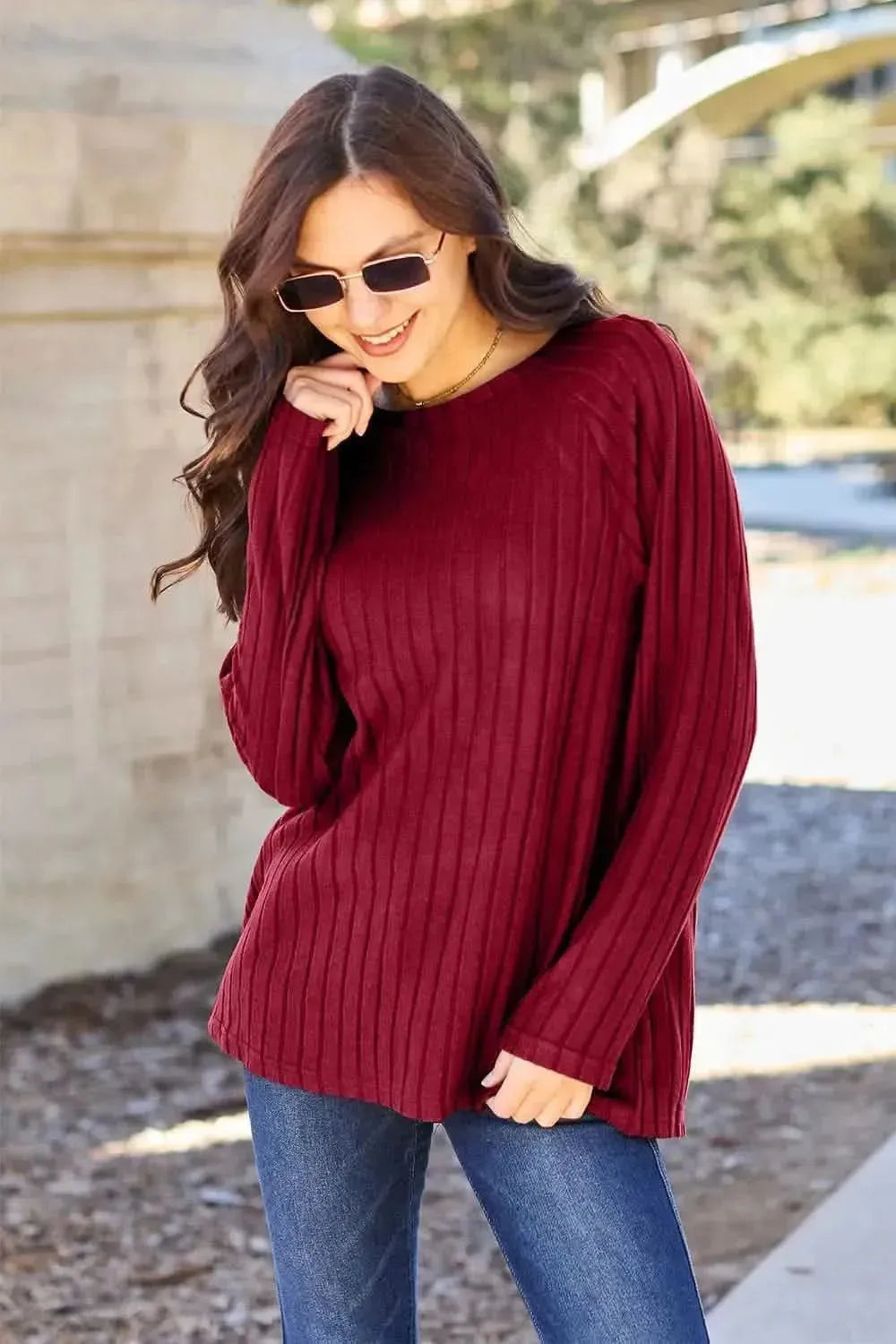 Basic Bae Full Size Ribbed Round Neck Long Sleeve Knit Top - Bad Moms Club