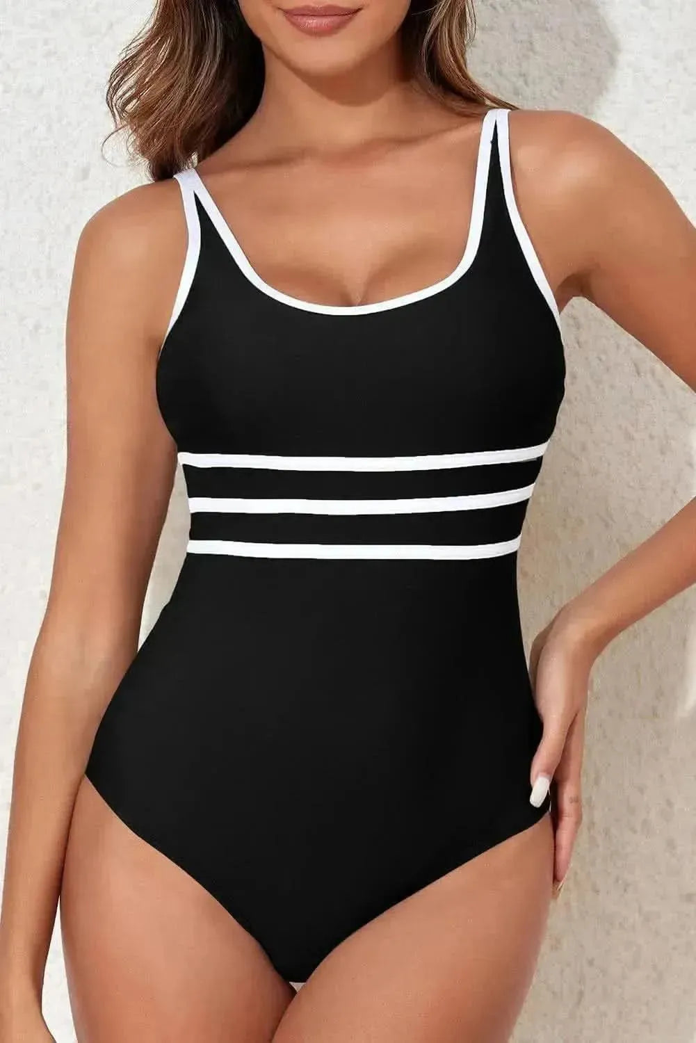 Contrast Trim Scoop Neck One-Piece Swimwear - Bad Moms Club