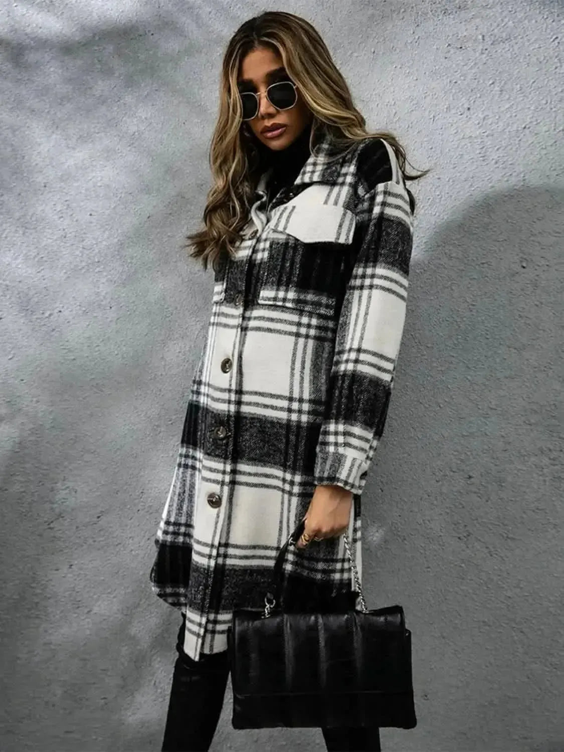 Plaid Collared Neck Long Sleeve Coat - Bad Moms Club