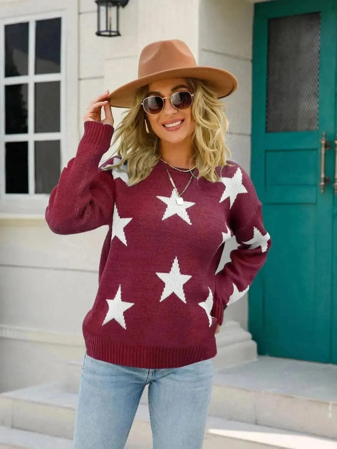 Angel Wings Star Round Neck Dropped Shoulder Sweater - Bad Moms Club