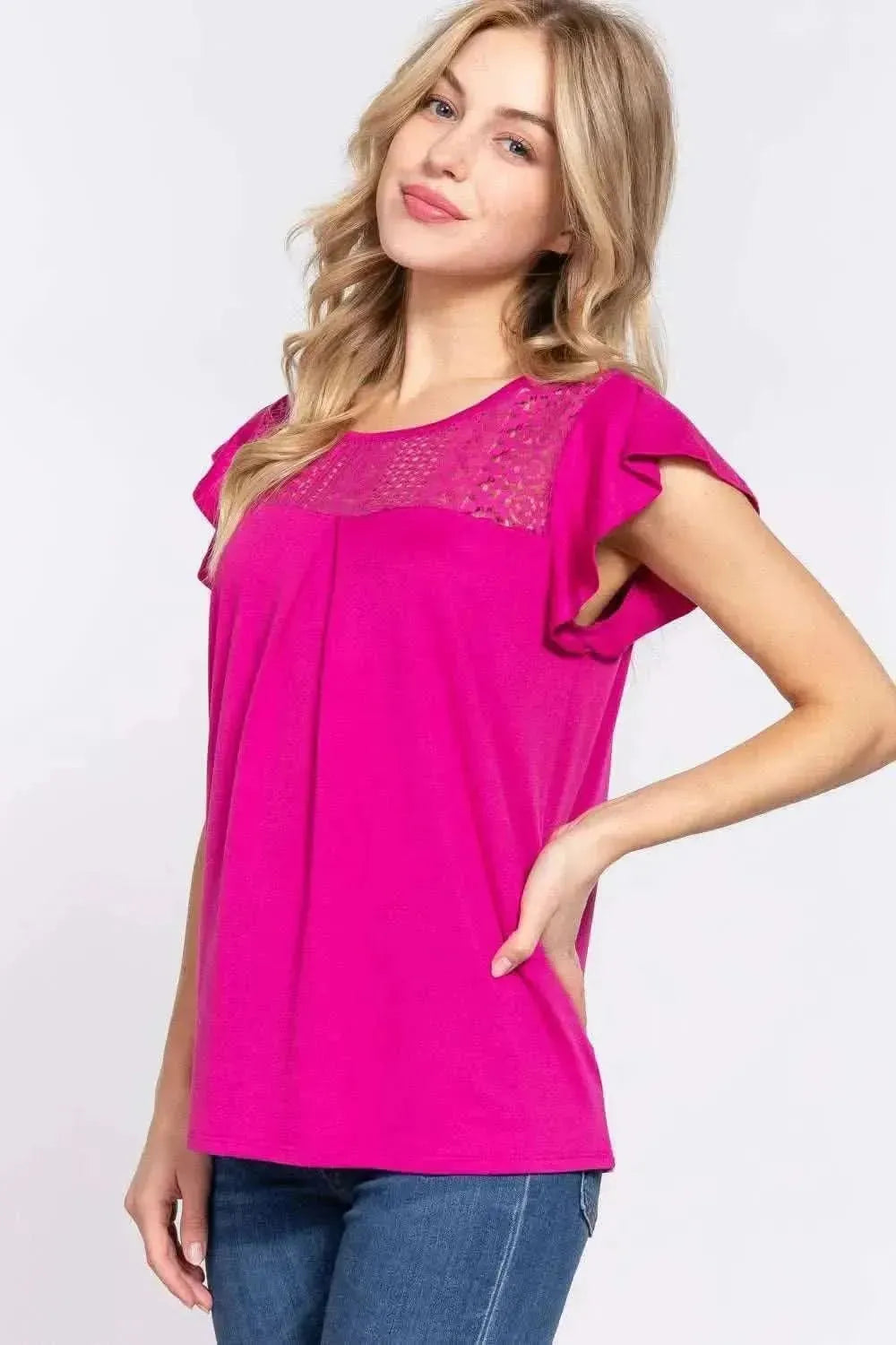 ACTIVE BASIC Ruffle Short Sleeve Lace Detail Knit Top - Bad Moms Club
