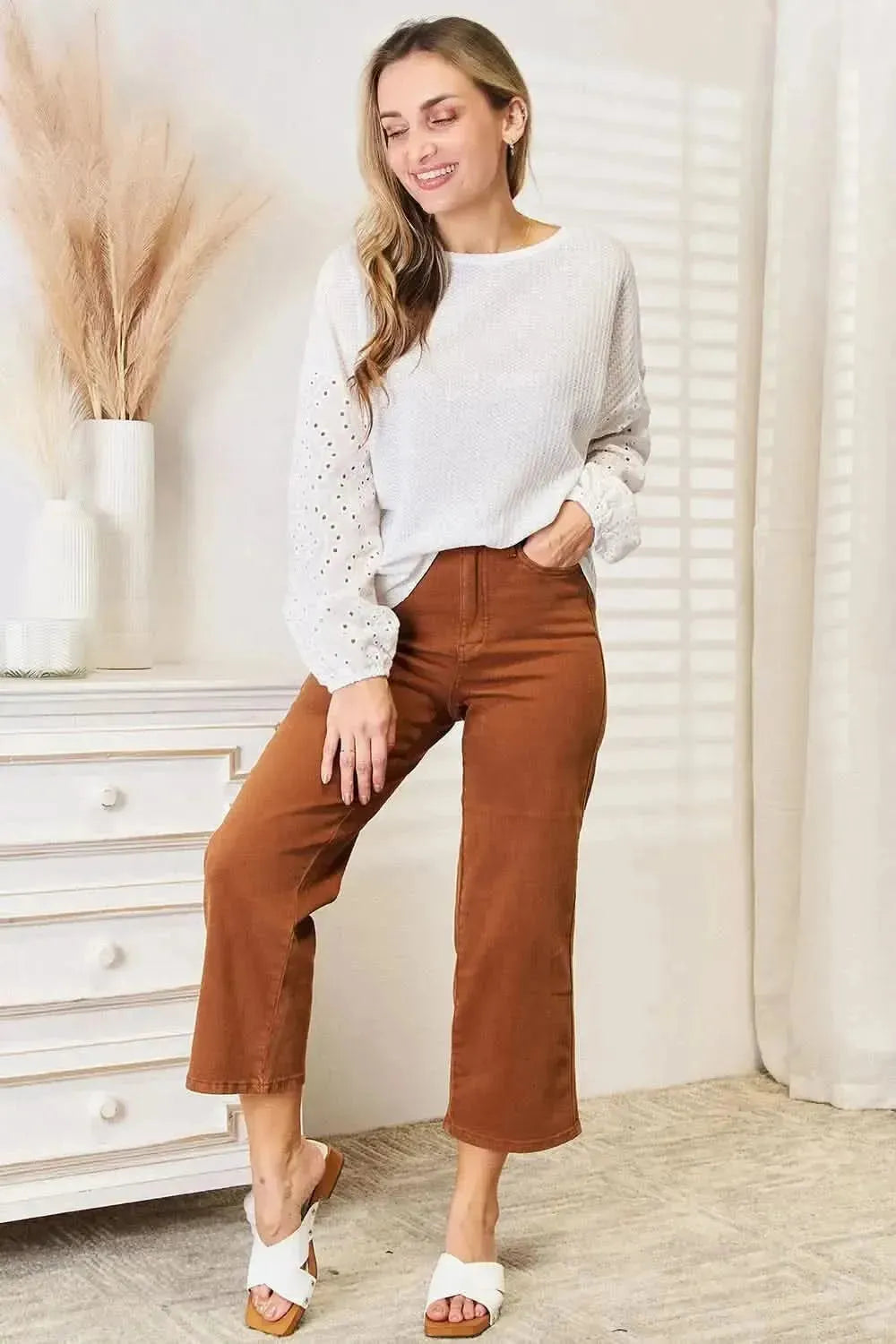 Shiny Eyelet Dropped Shoulder Round Neck Blouse - Bad Moms Club