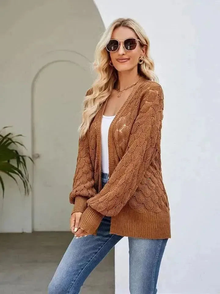 Openwork Open Front Lantern Sleeve Cardigan - Bad Moms Club