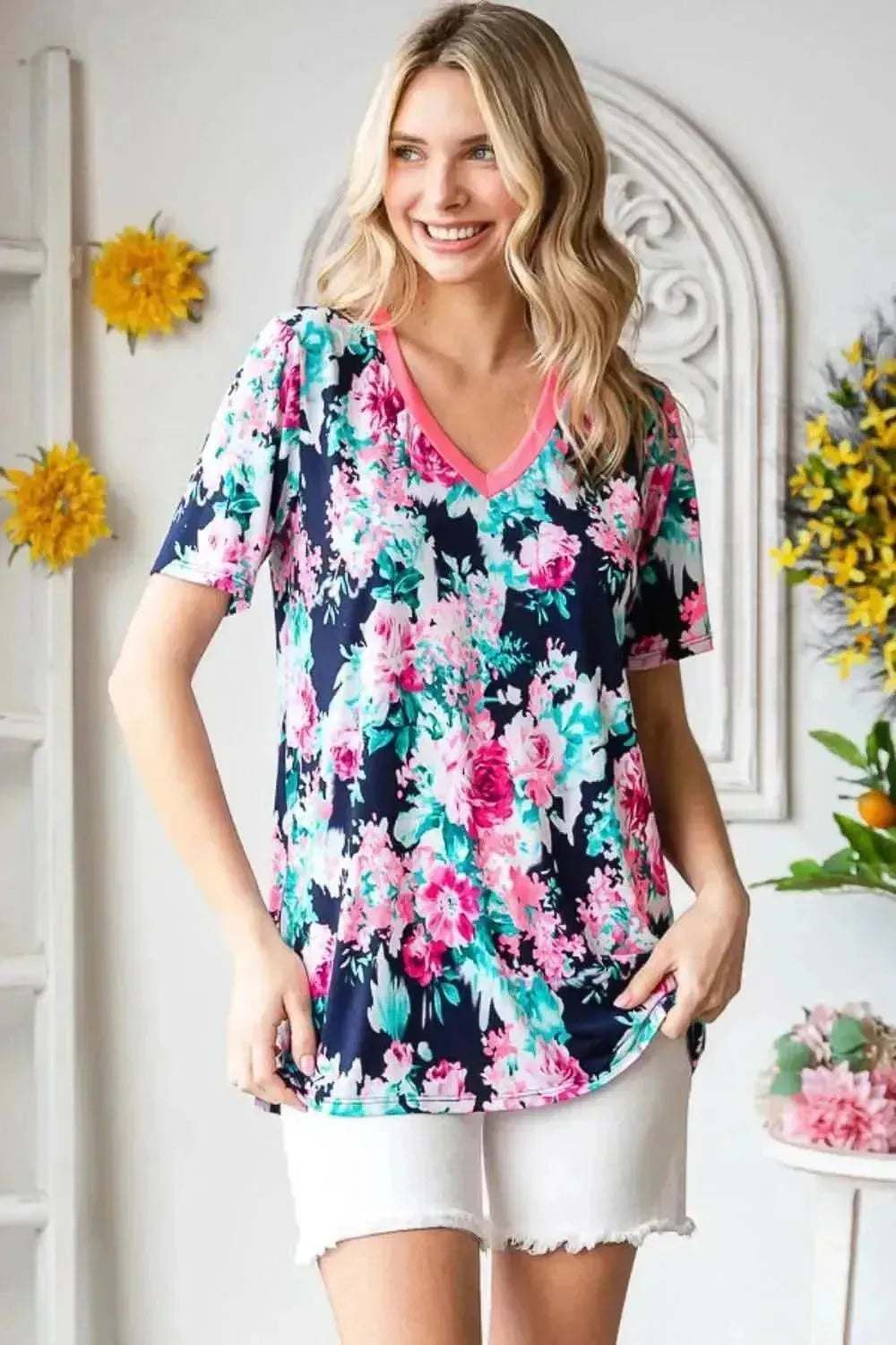 Heimish Full Size Floral V-Neck Short Sleeve T-Shirt - Bad Moms Club